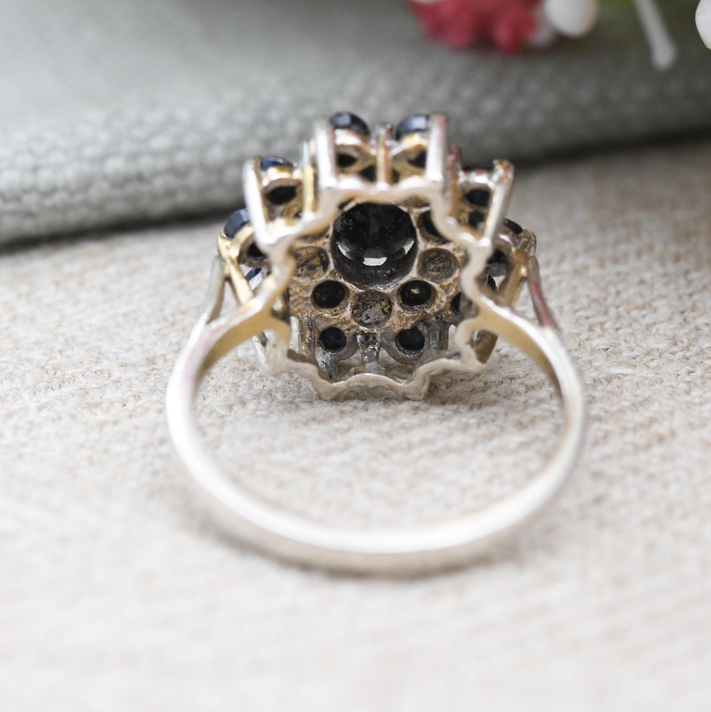 Vintage Sterling Silver Sapphire and Diamond Cocktail Ring 1981 - Mid-Century Statement Sparkly Cluster Ring | UK Size - M | US Size - 6 1/4