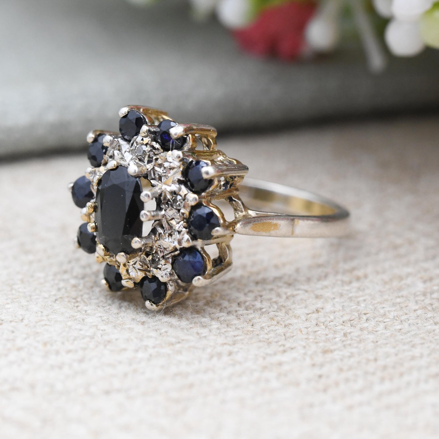 Vintage Sterling Silver Sapphire and Diamond Cocktail Ring 1981 - Mid-Century Statement Sparkly Cluster Ring | UK Size - M | US Size - 6 1/4