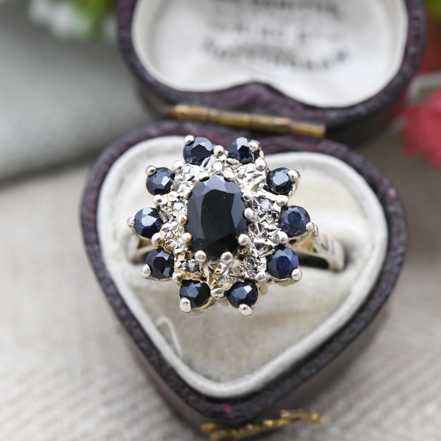 Vintage Sterling Silver Sapphire and Diamond Cocktail Ring 1981 - Mid-Century Statement Sparkly Cluster Ring | UK Size - M | US Size - 6 1/4