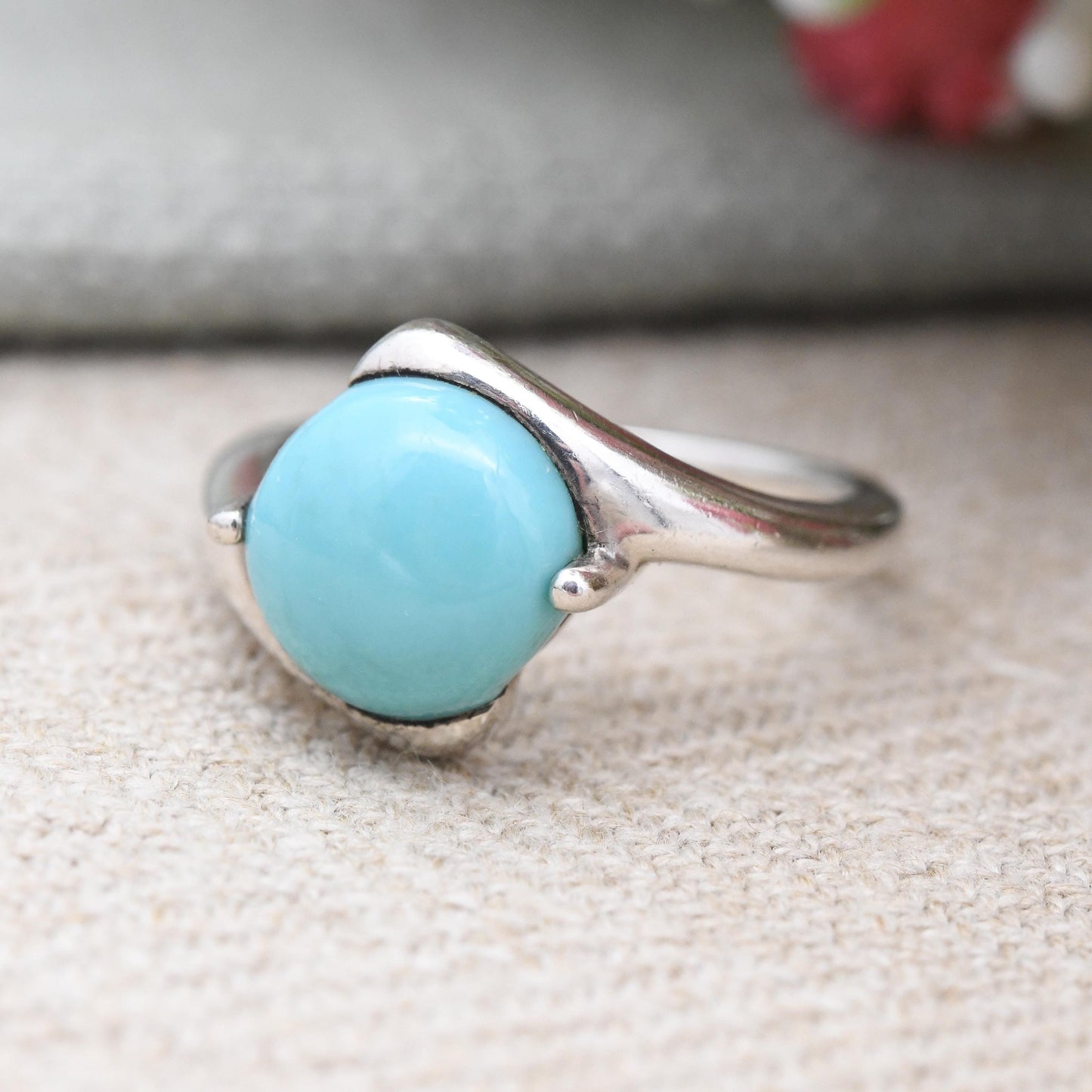Sterling Silver Turquoise Ring Baby Blue Cabochon Stone - Bypass Style Bezel | Everyday Silver Jewellery | UK Size - O | US Size - 7 1/4