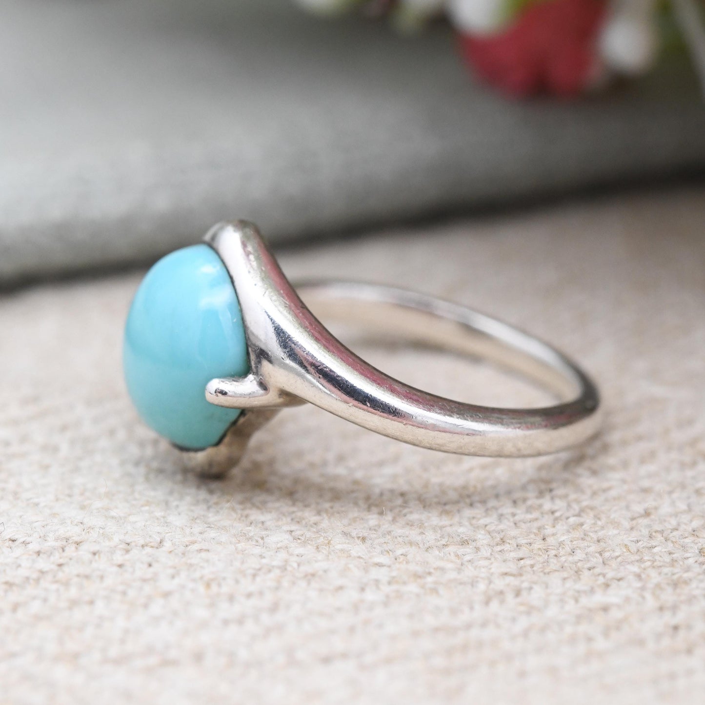 Sterling Silver Turquoise Ring Baby Blue Cabochon Stone - Bypass Style Bezel | Everyday Silver Jewellery | UK Size - O | US Size - 7 1/4
