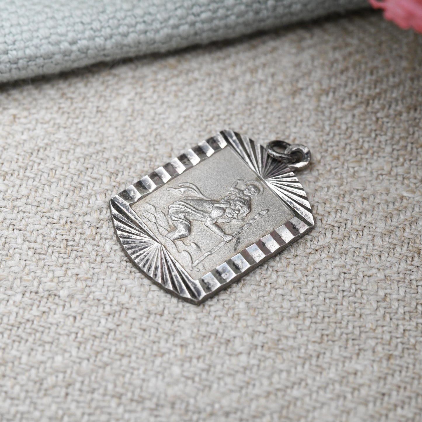 Vintage Sterling Silver St. Christopher Pendant - Rounded Rectangle Shape Starburst Border | Patron Saint of Travelling Religious Jewellery