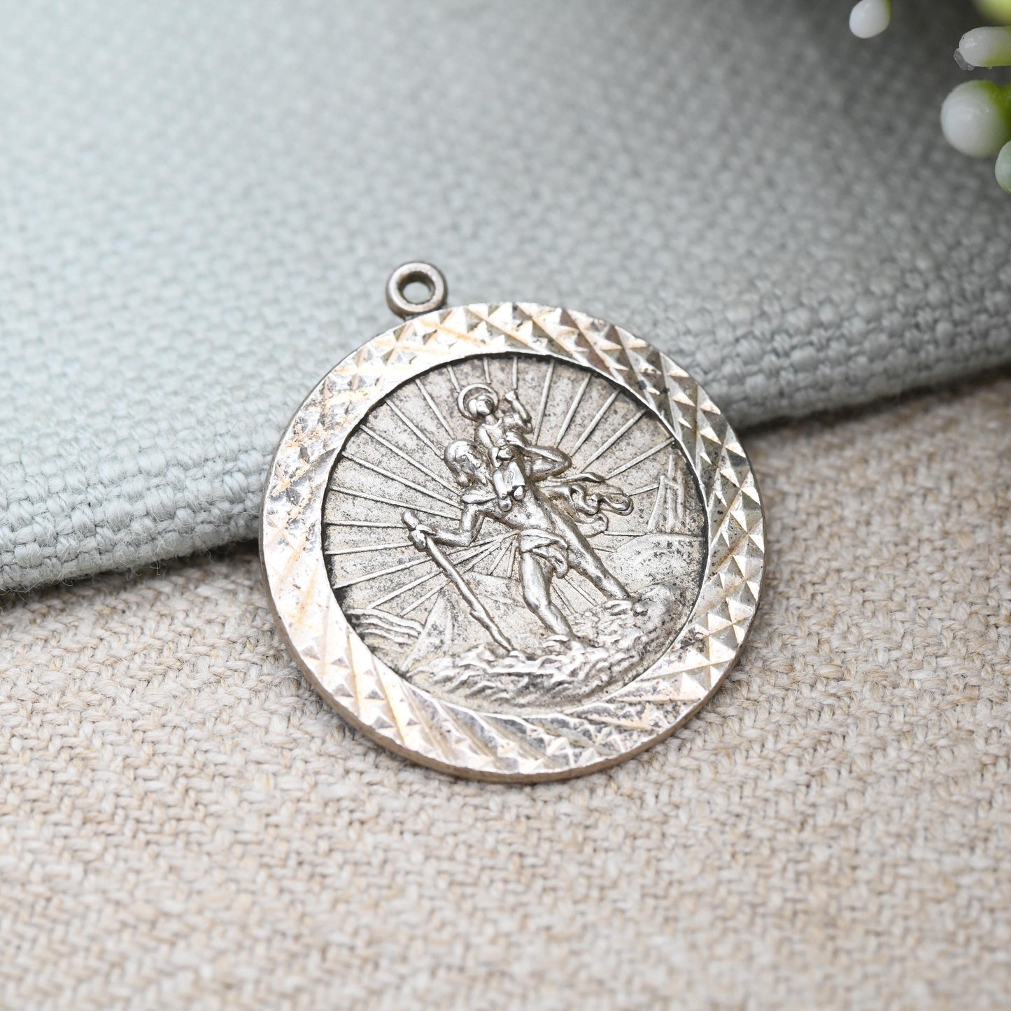 Vintage Sterling Silver St. Christopher Pendant Large Circle - Patron Saint of Travelling | Christian Religious Jewellery | Raised 3D Image