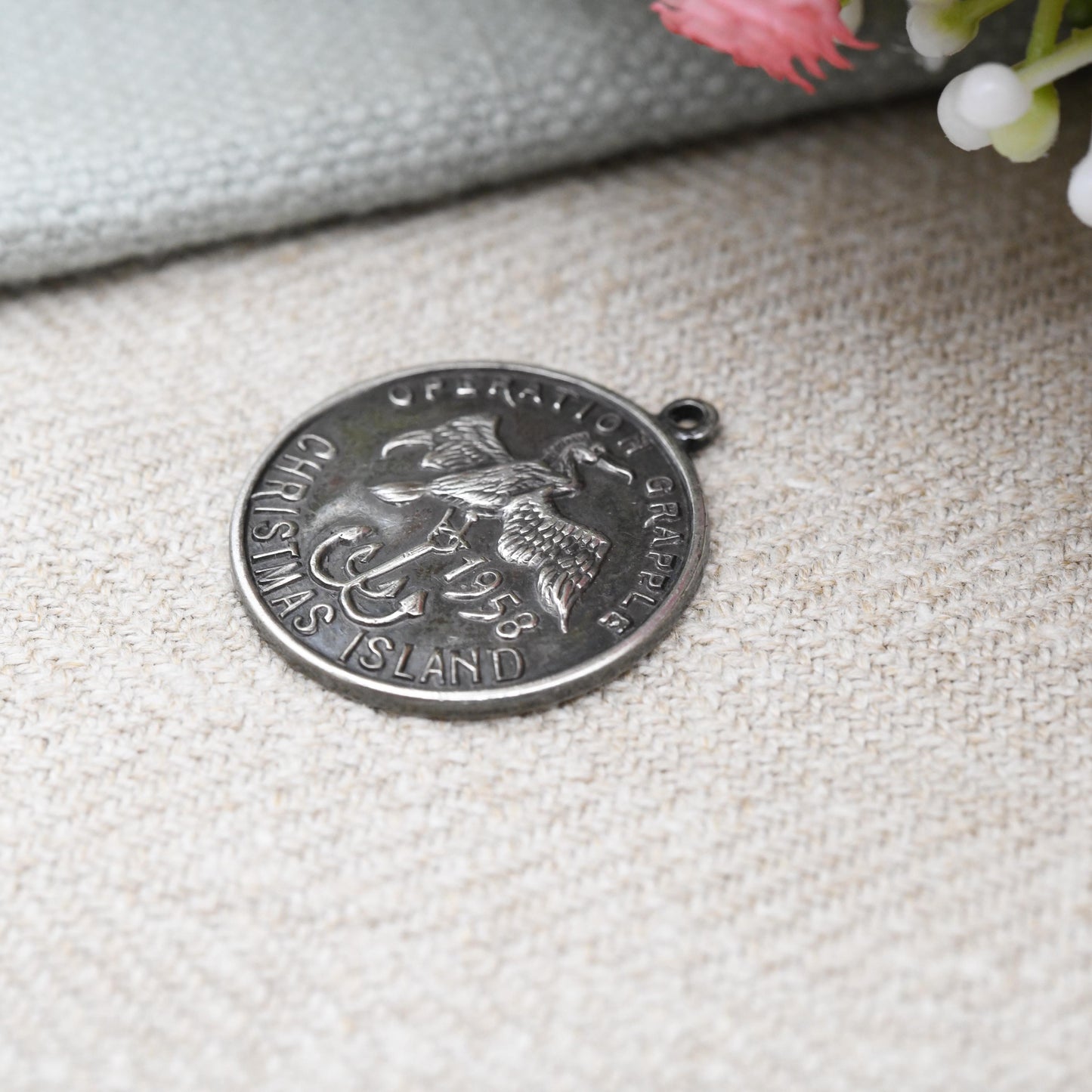 Operation Grapple 1958 Vintage Sterling Silver Pendant Christmas Island Bird Carrying Anchor - British Military Souvenir Kiritimati WH Darby