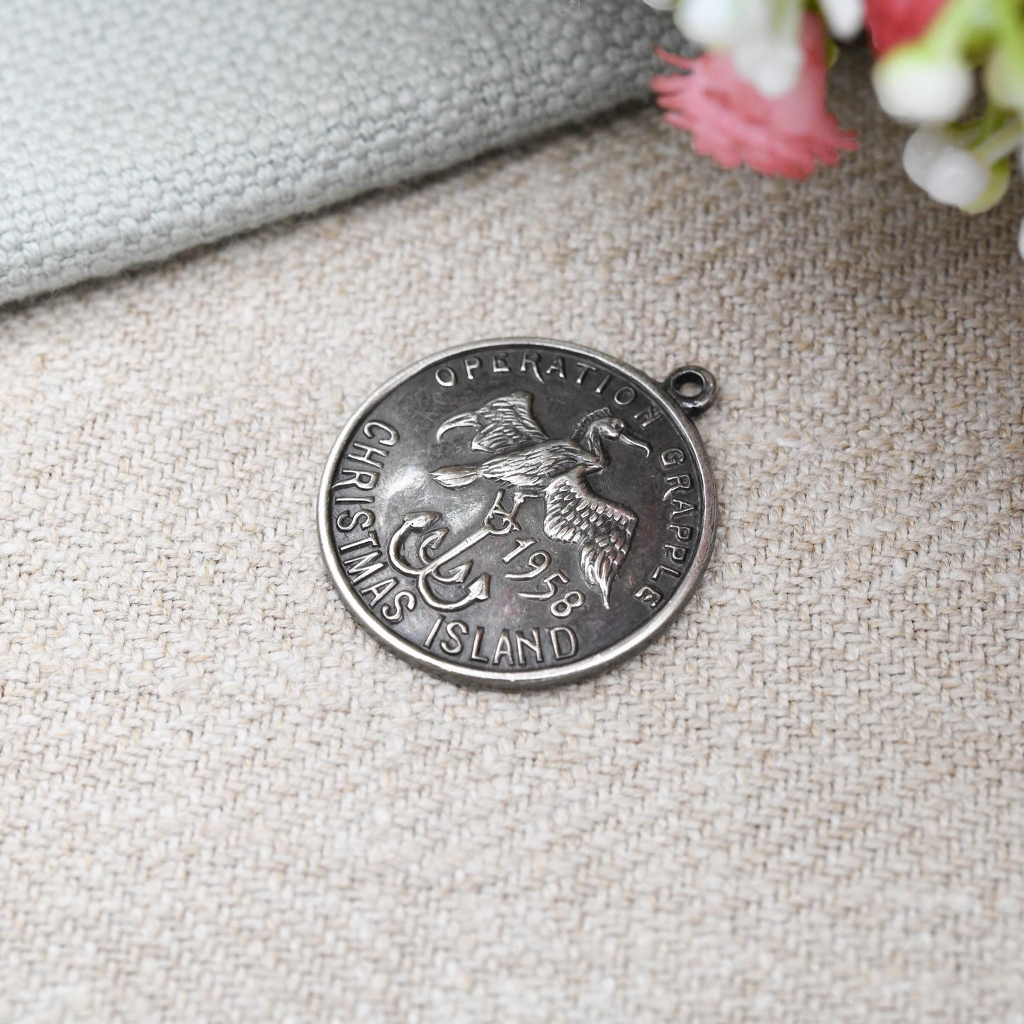 Operation Grapple 1958 Vintage Sterling Silver Pendant Christmas Island Bird Carrying Anchor - British Military Souvenir Kiritimati WH Darby