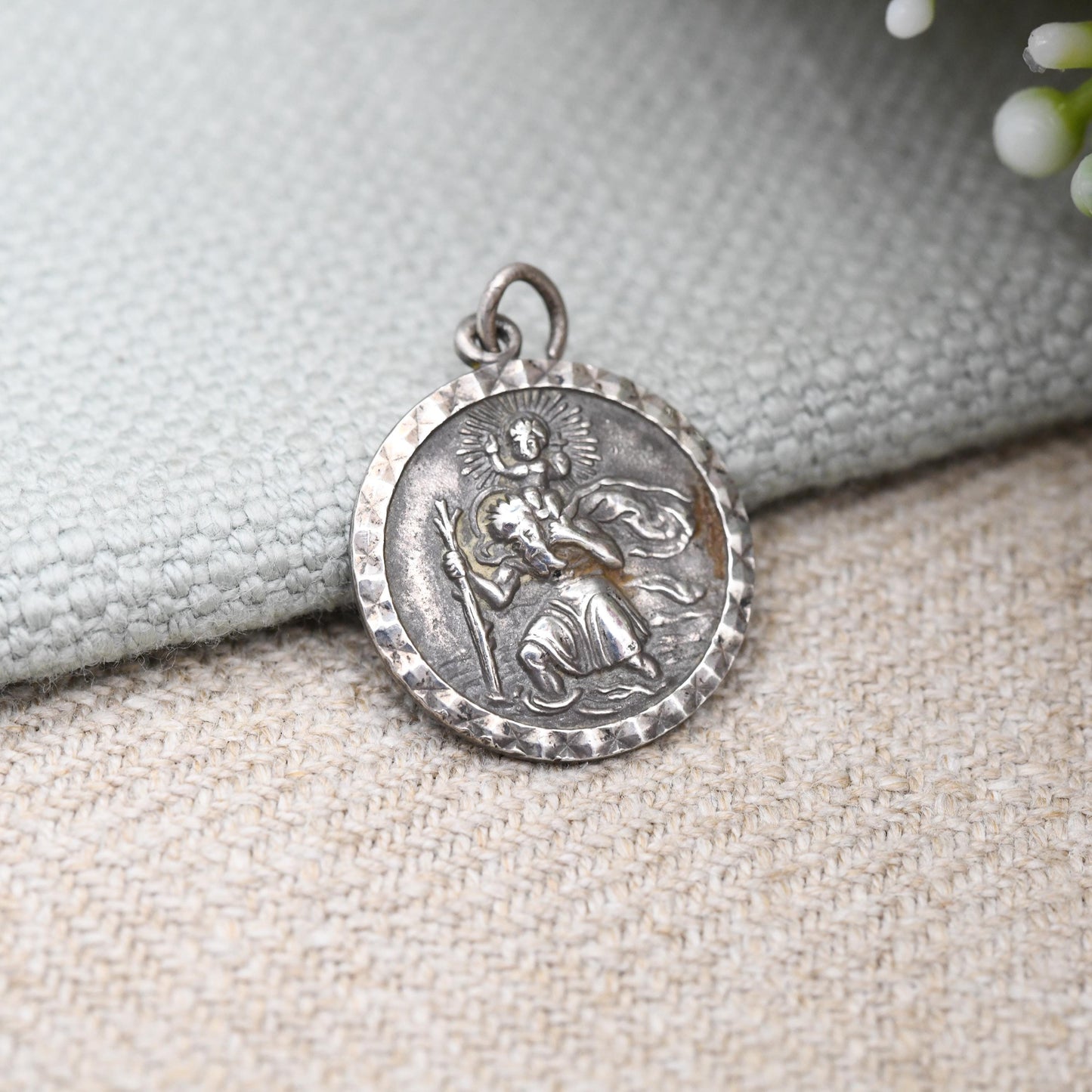 Vintage Georg Jensen Sterling Silver St. Christopher Charm Pendant - Small Circle Mid-Century Patron Saint of Travellers Protect Us Man Baby