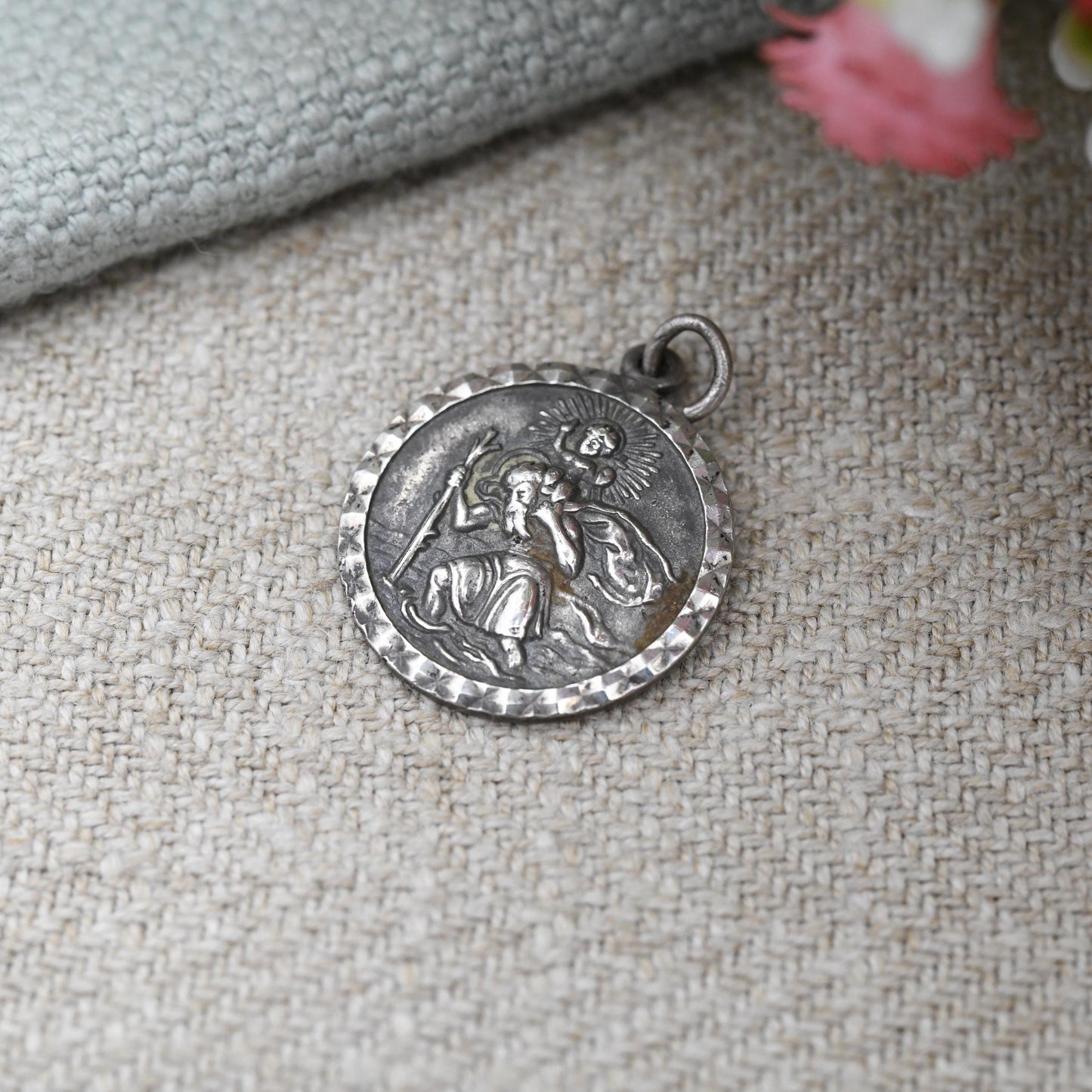 Vintage Georg Jensen Sterling Silver St. Christopher Charm Pendant - Small Circle Mid-Century Patron Saint of Travellers Protect Us Man Baby