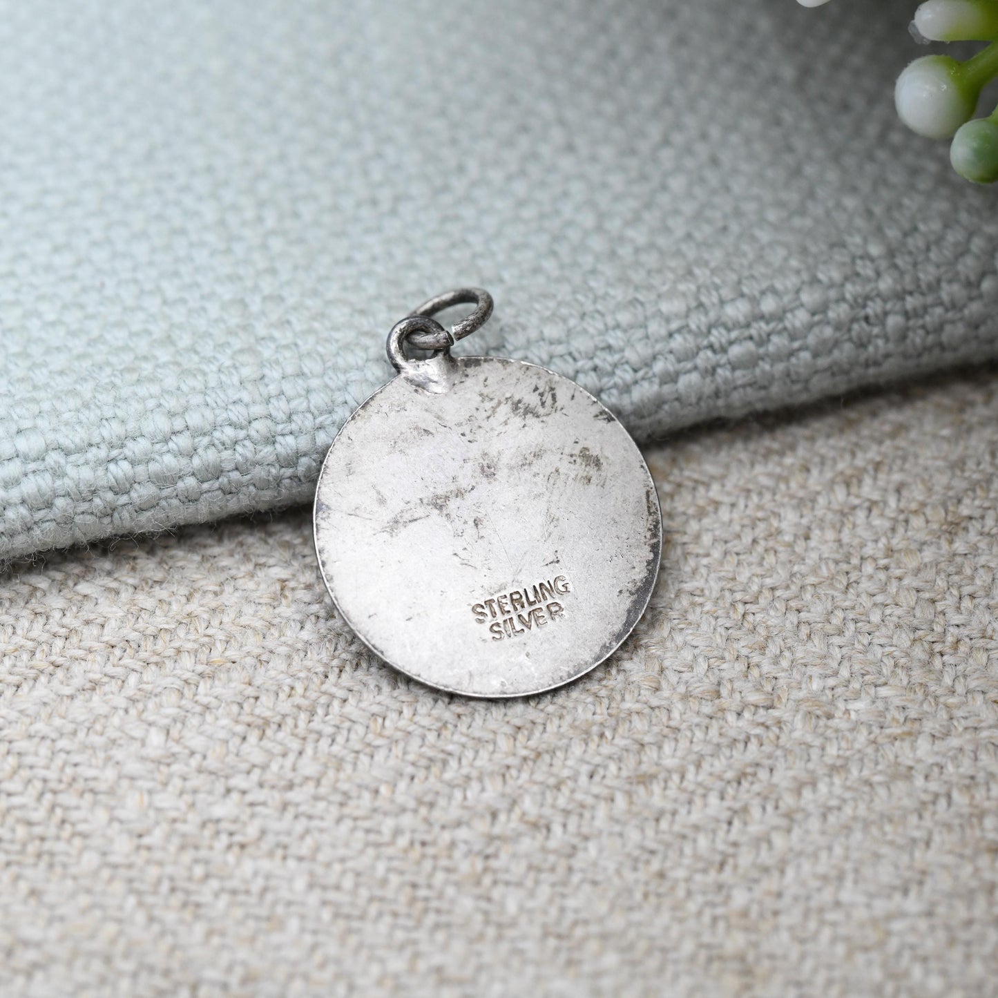 Vintage Sterling Silver St. Christopher Charm Pendant - Small Circle Mid-Century Patron Saint of Travellers | Protect Us | Sunrise Behind