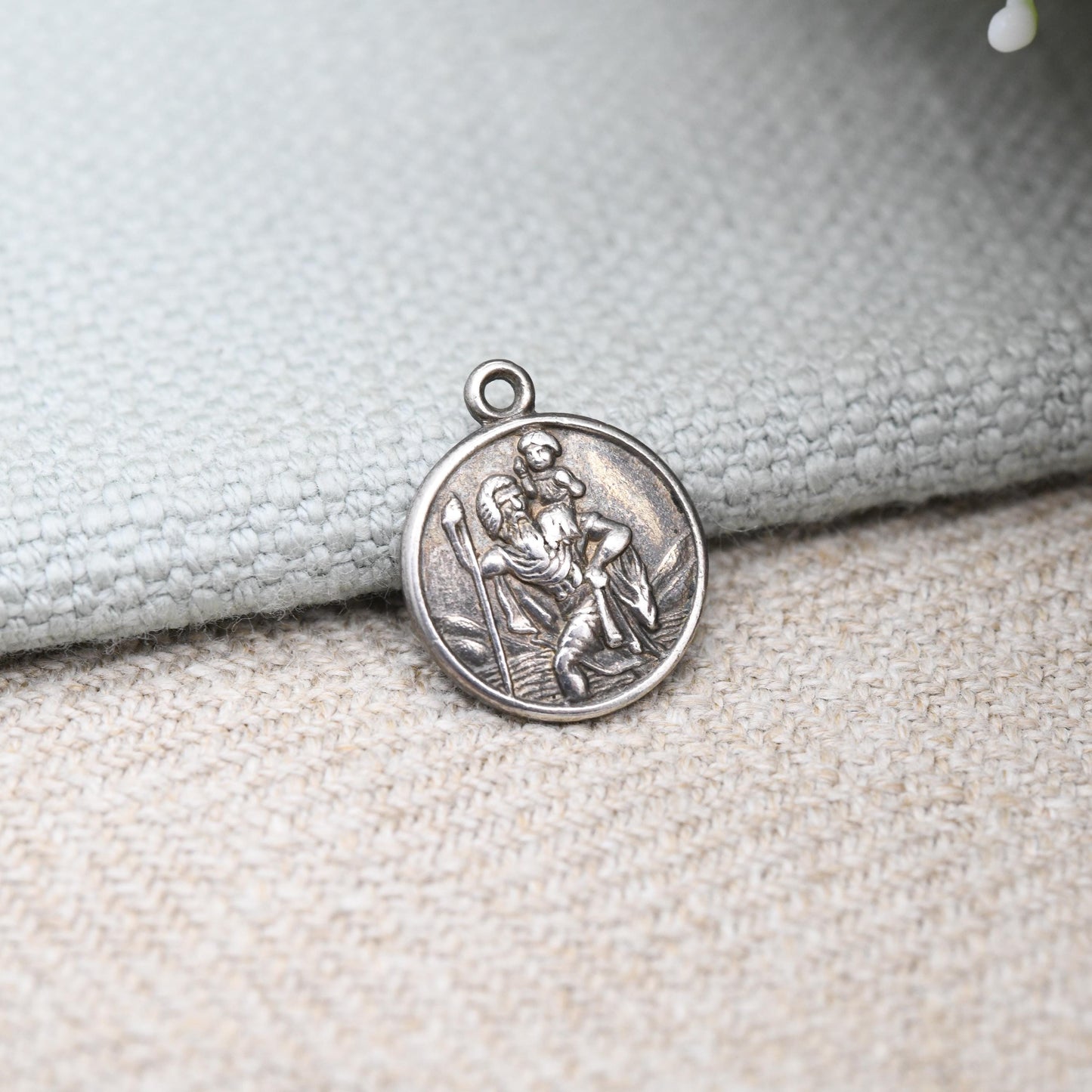 Vintage Sterling Silver St. Christopher Charm Pendant - Small Circle Mid-Century Patron Saint of Travellers | Protect Us | Man Carrying Baby