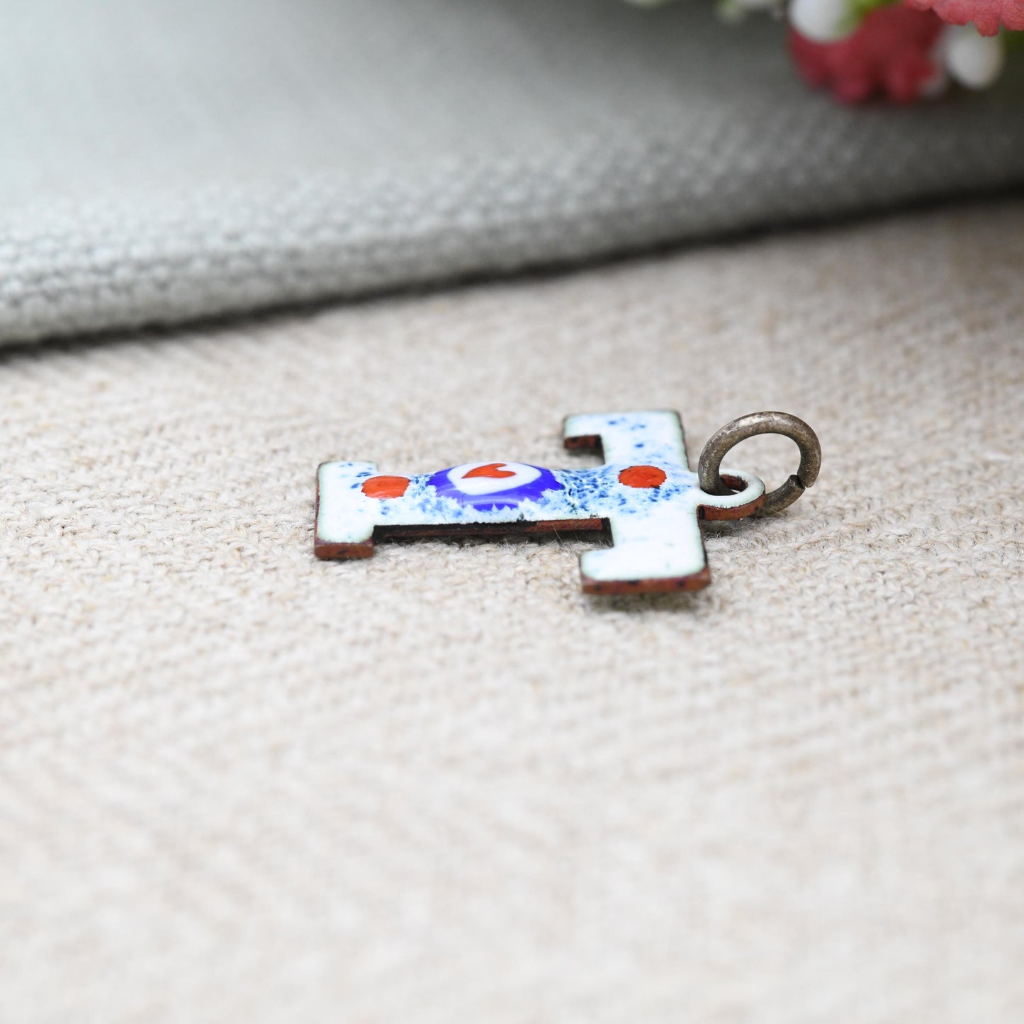 Vintage Enamel Letter T Pendant - Personalised Charm | Colourful Bright Enamel Red Love Heart | Blue and White European Portuguese Style