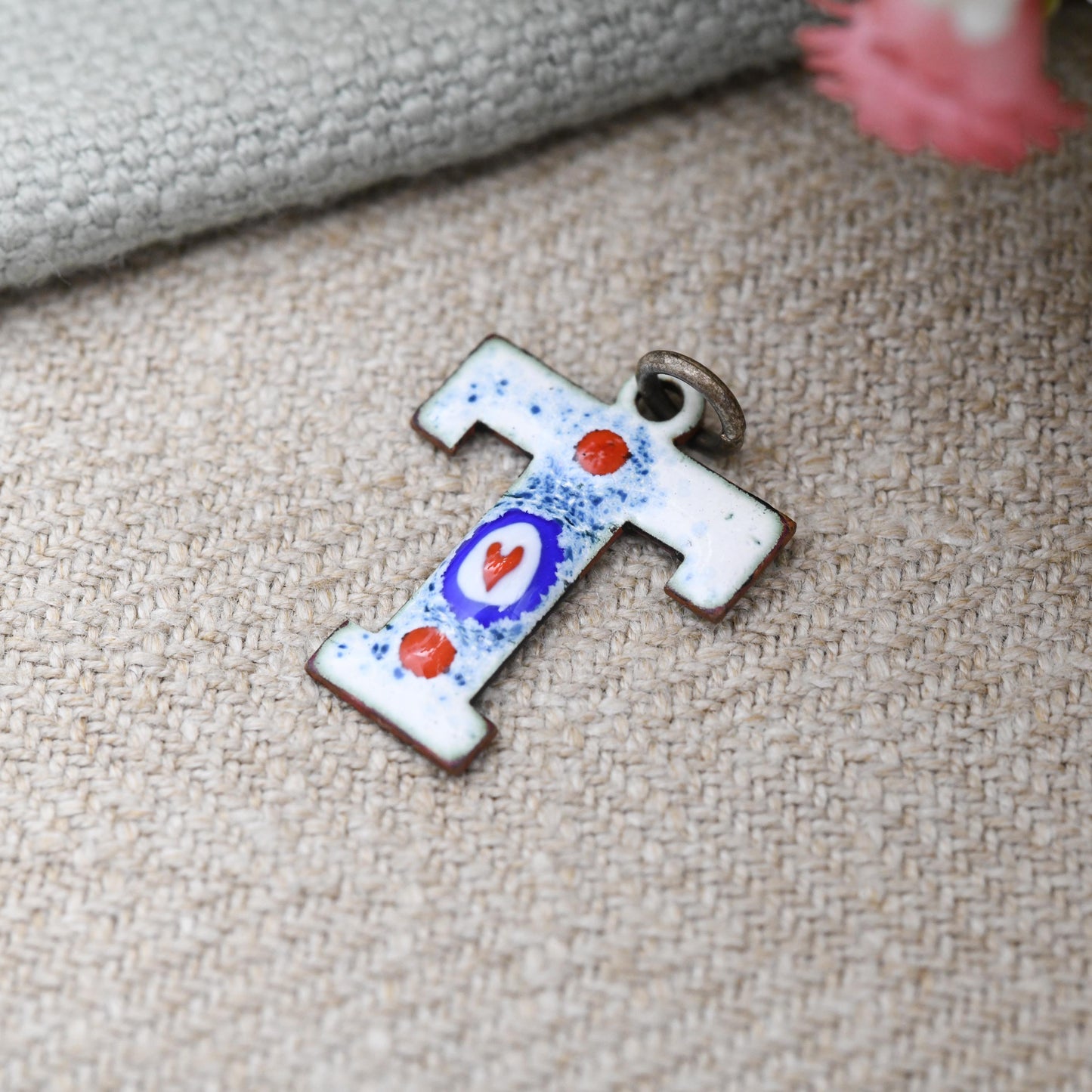 Vintage Enamel Letter T Pendant - Personalised Charm | Colourful Bright Enamel Red Love Heart | Blue and White European Portuguese Style