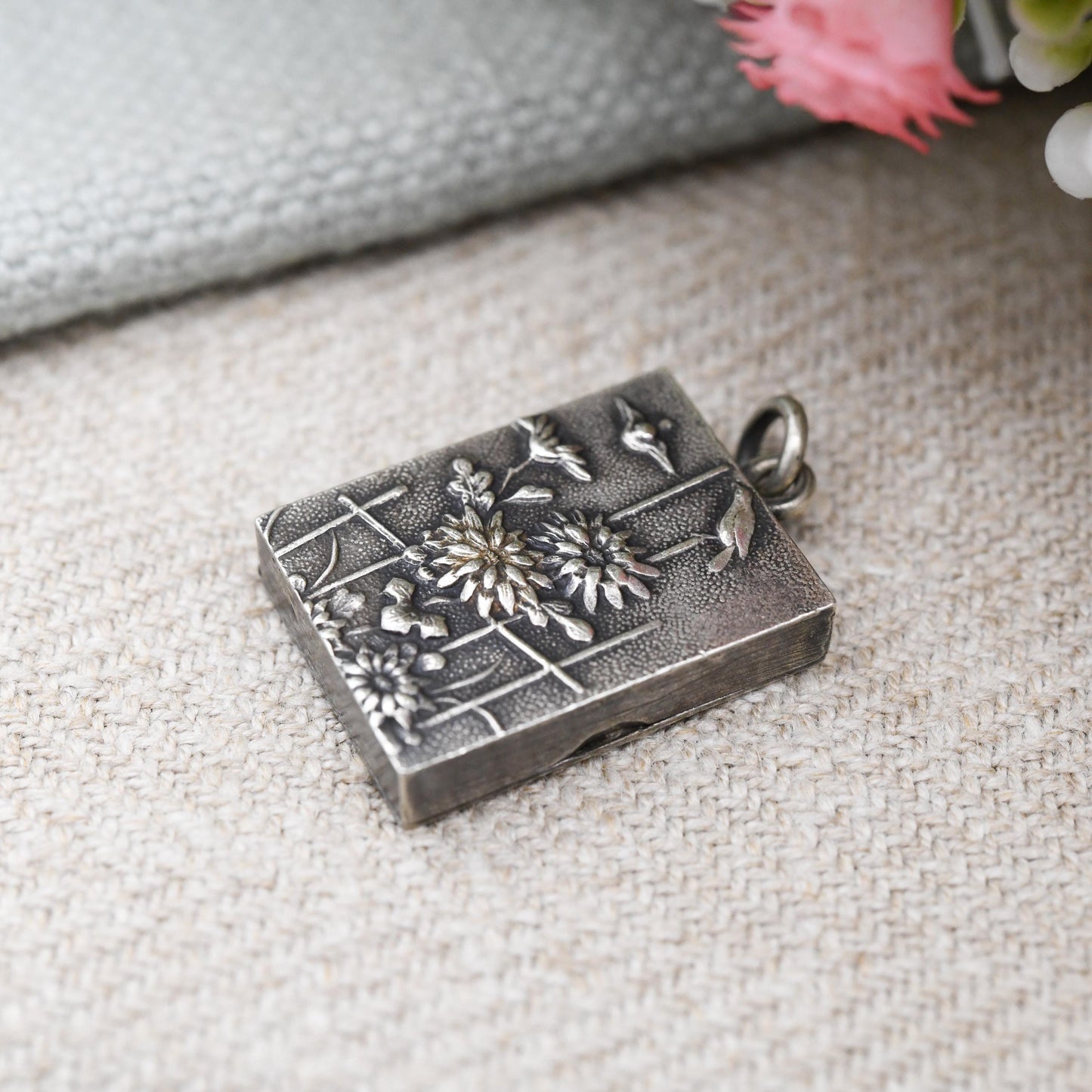 Antique Meiji Japanese Geisha Girl Locket Pendant with Miniature Photo Album Inside - Opening Book Charm with Kimono Girls Early Photographs