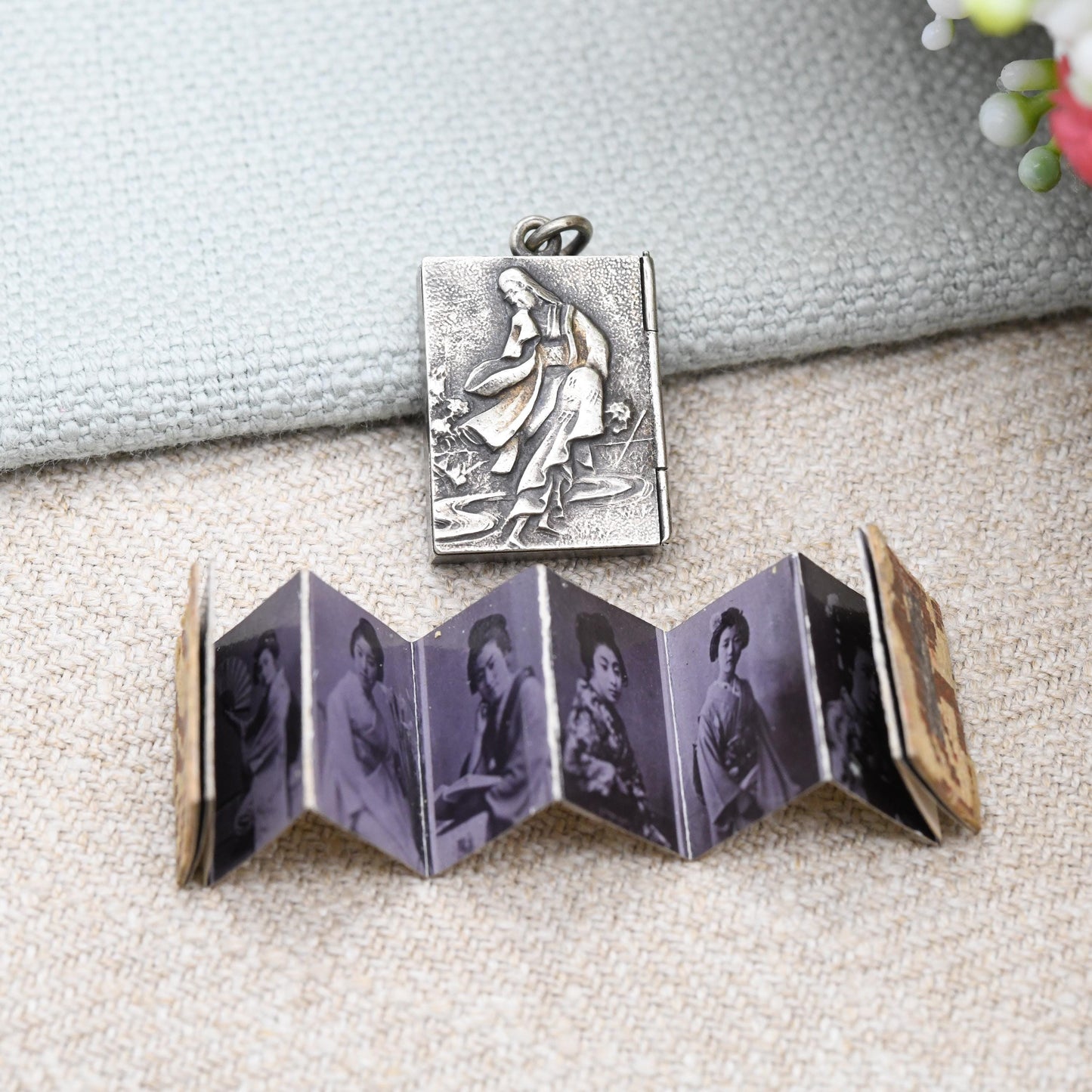Antique Meiji Japanese Geisha Girl Locket Pendant with Miniature Photo Album Inside - Opening Book Charm with Kimono Girls Early Photographs