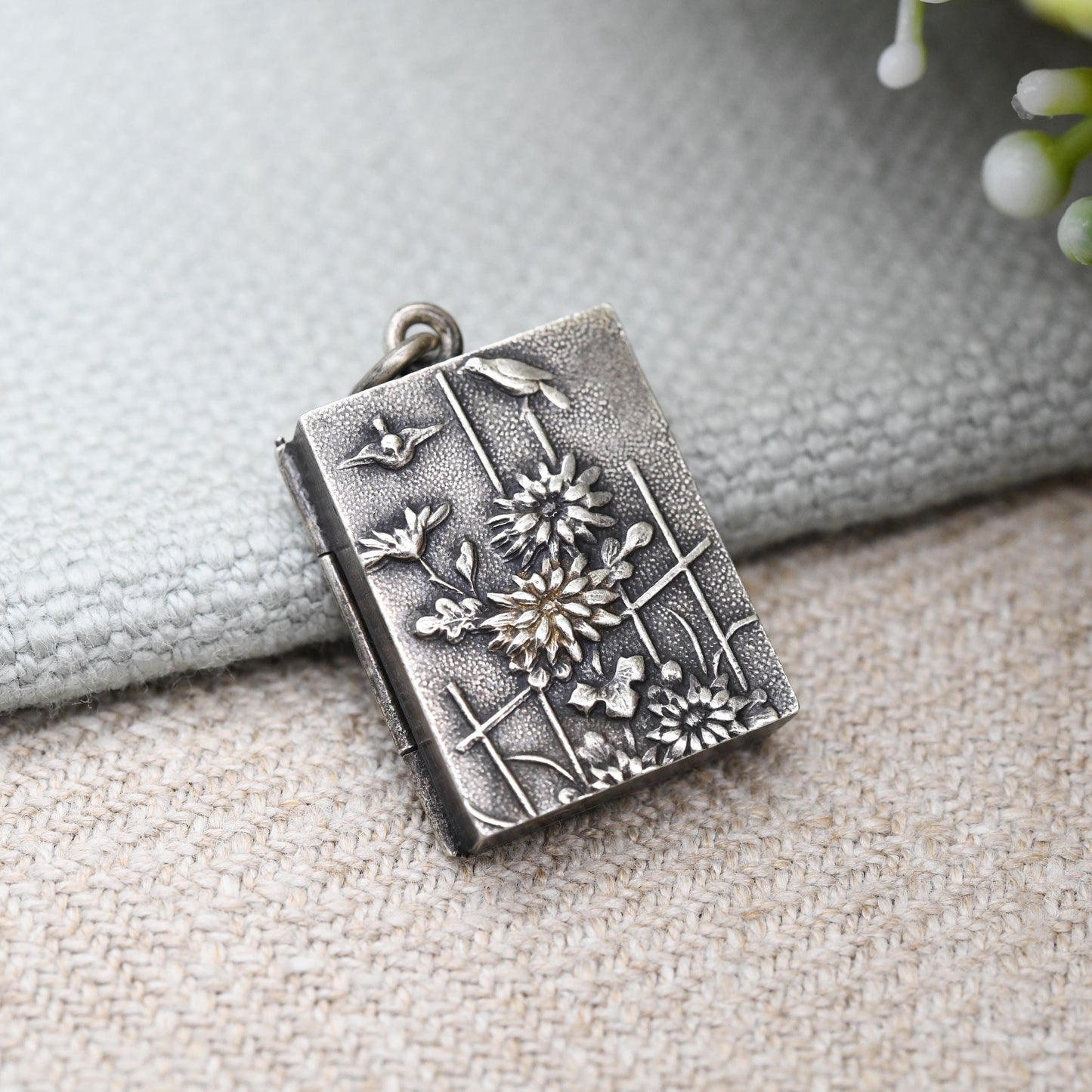 Antique Meiji Japanese Geisha Girl Locket Pendant with Miniature Photo Album Inside - Opening Book Charm with Kimono Girls Early Photographs