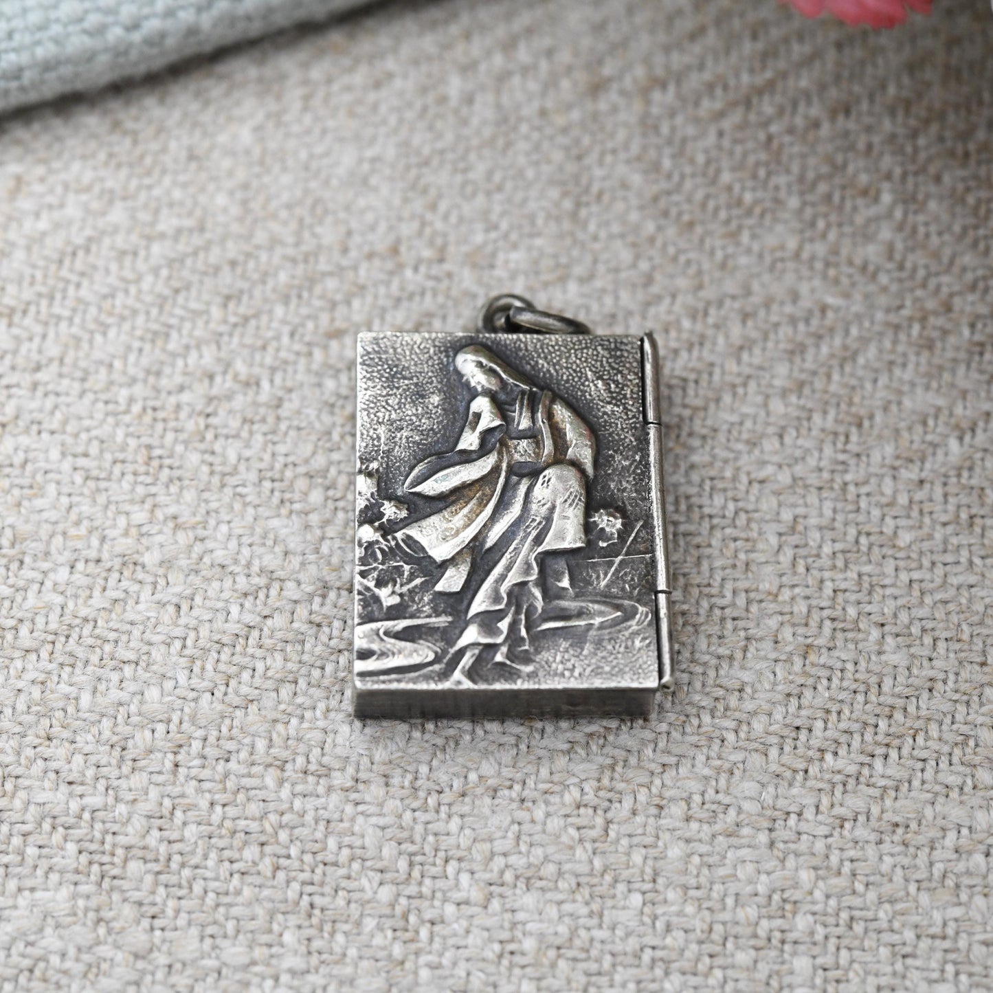 Antique Meiji Japanese Geisha Girl Locket Pendant with Miniature Photo Album Inside - Opening Book Charm with Kimono Girls Early Photographs