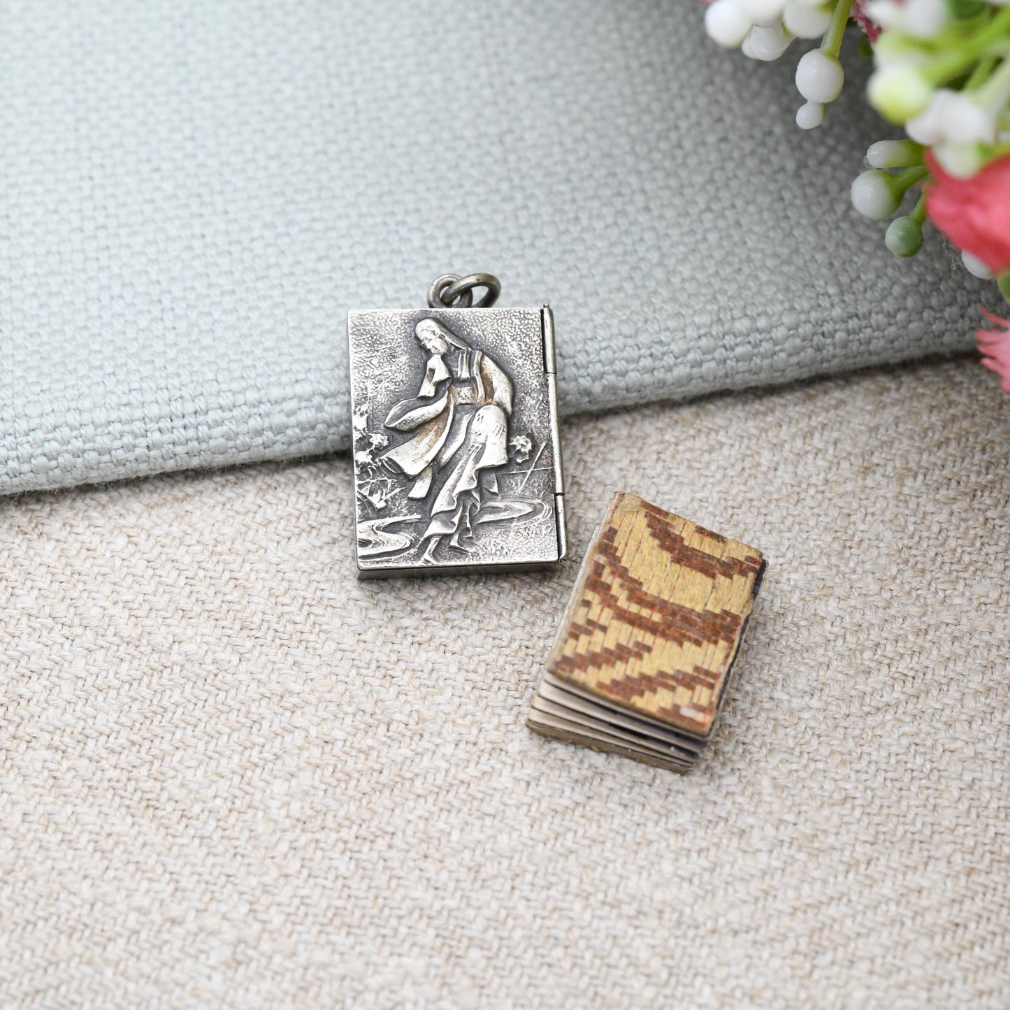Antique Meiji Japanese Geisha Girl Locket Pendant with Miniature Photo Album Inside - Opening Book Charm with Kimono Girls Early Photographs