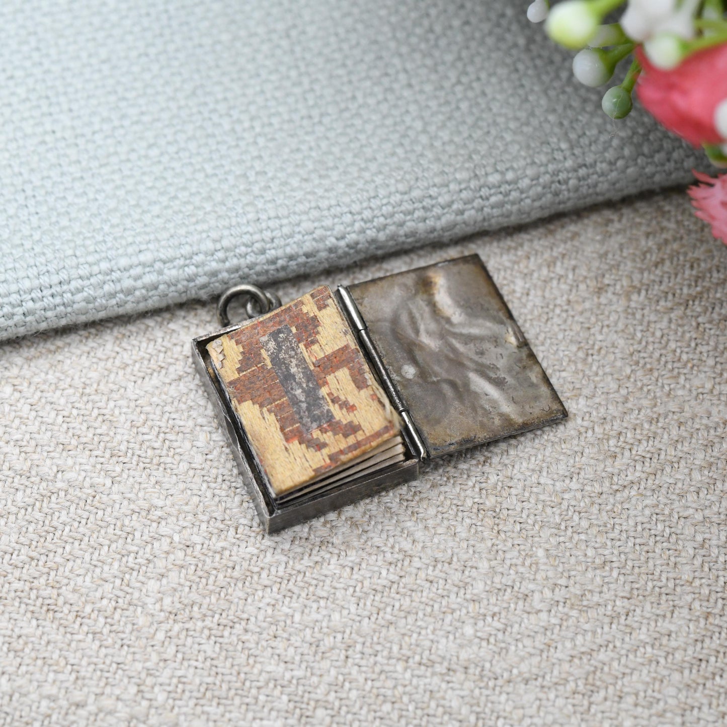 Antique Meiji Japanese Geisha Girl Locket Pendant with Miniature Photo Album Inside - Opening Book Charm with Kimono Girls Early Photographs