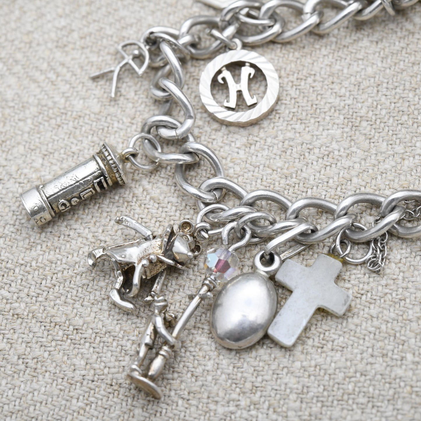Vintage Sterling Silver Charm Bracelet with 14 Charms 1985 - Articulated Rat Shuttlecock Mother of Pearl Cross | Curb Links | Starter Charm