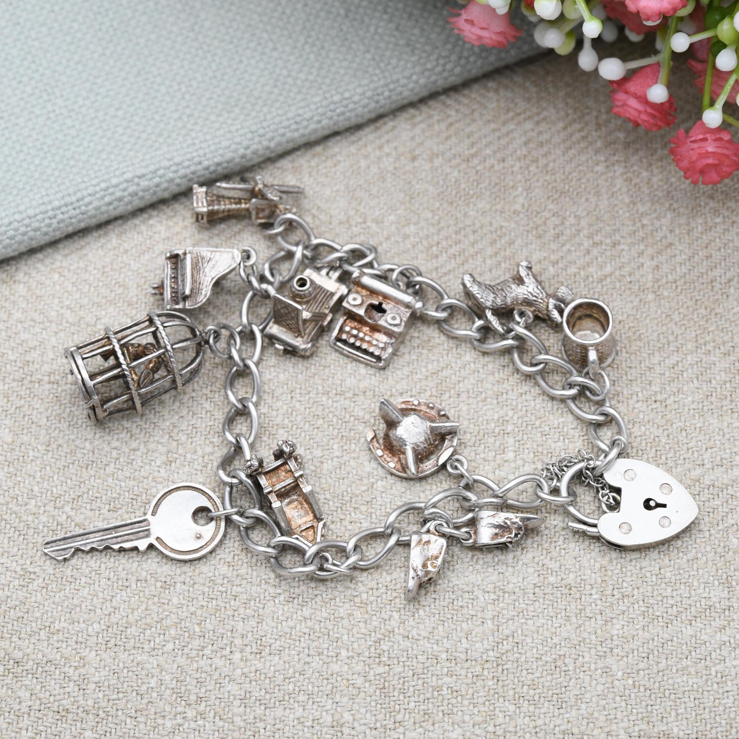 Vintage Sterling Silver Charm Bracelet with 11 Charms - Stone of Scone Throne Opening Camera Scottie Dog Key | Curb Links Starter Charm Set