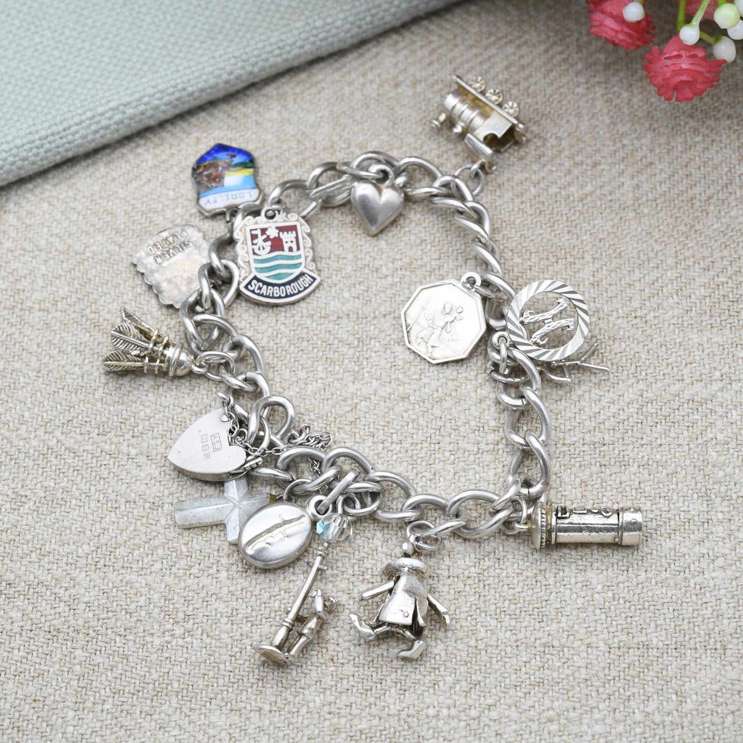 Vintage Sterling Silver Charm Bracelet with 14 Charms 1985 - Articulated Rat Shuttlecock Mother of Pearl Cross | Curb Links | Starter Charm