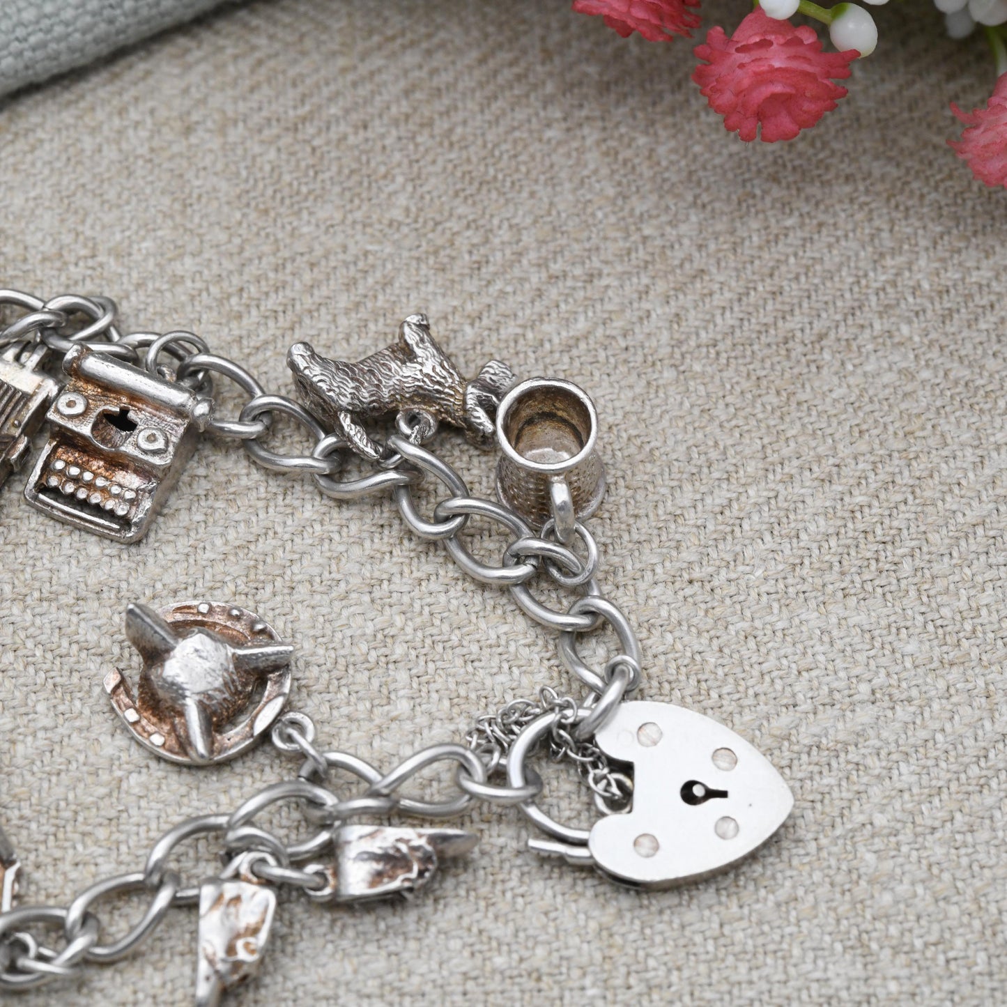Vintage Sterling Silver Charm Bracelet with 11 Charms - Stone of Scone Throne Opening Camera Scottie Dog Key | Curb Links Starter Charm Set