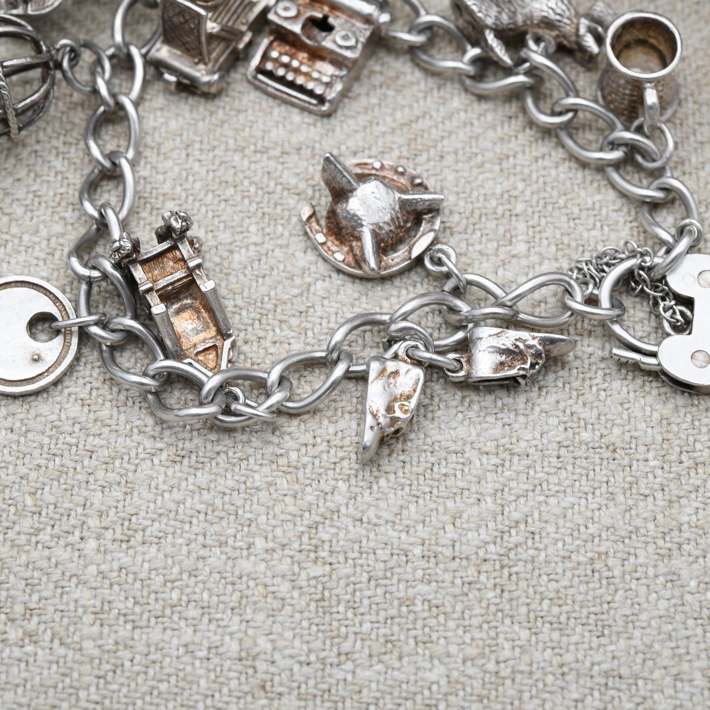Vintage Sterling Silver Charm Bracelet with 11 Charms - Stone of Scone Throne Opening Camera Scottie Dog Key | Curb Links Starter Charm Set