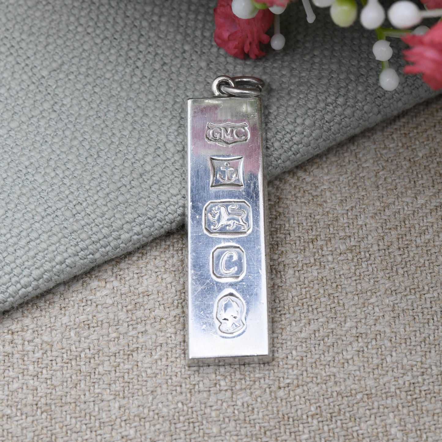 Vintage Sterling Silver Ingot Pendant 1977 with Queen Elizabeth II Silver Jubilee Stamp GMC - Hallmarked in Birmingham Mid-Century Necklace