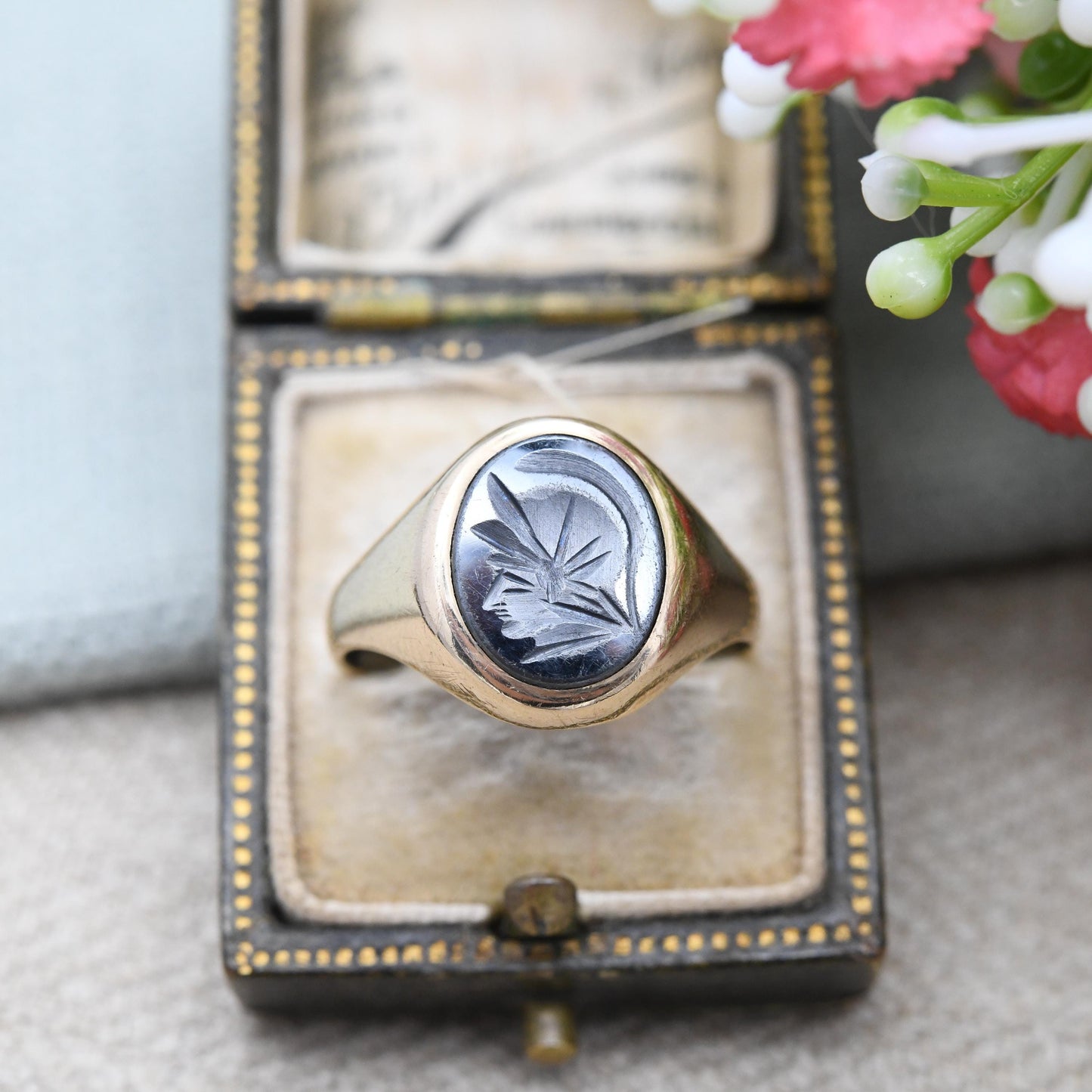 Vintage 9ct Gold Hematite Intaglio Signet Ring 1980 - Carved Gladiator Soldier Head Bust | Gift for Him | UK Size - Q 1/2 | US Size - 8 1/2