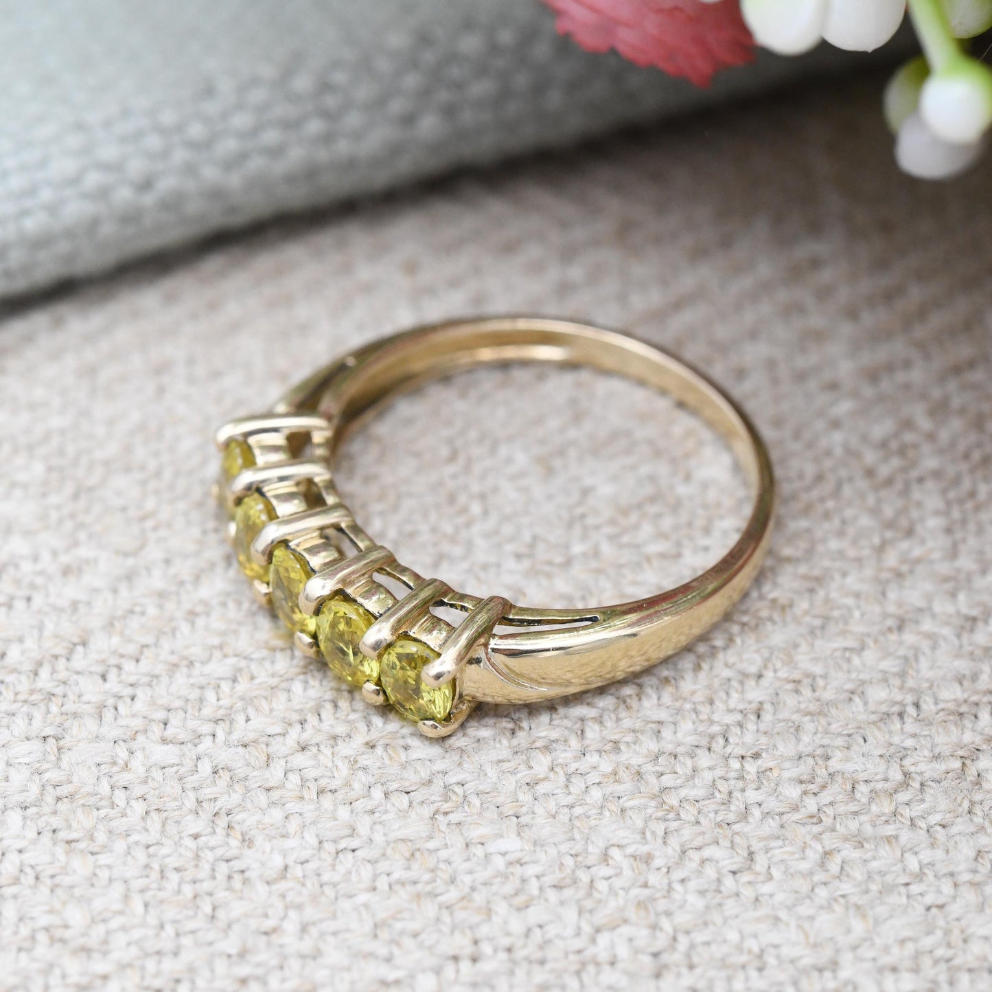 Vintage 9ct Gold Peridot Five Stone Ring - 5 Stone Stacking Ring Half Eternity | Green Gemstone Jewellery Gift | UK Size - N US Size - 6 3/4
