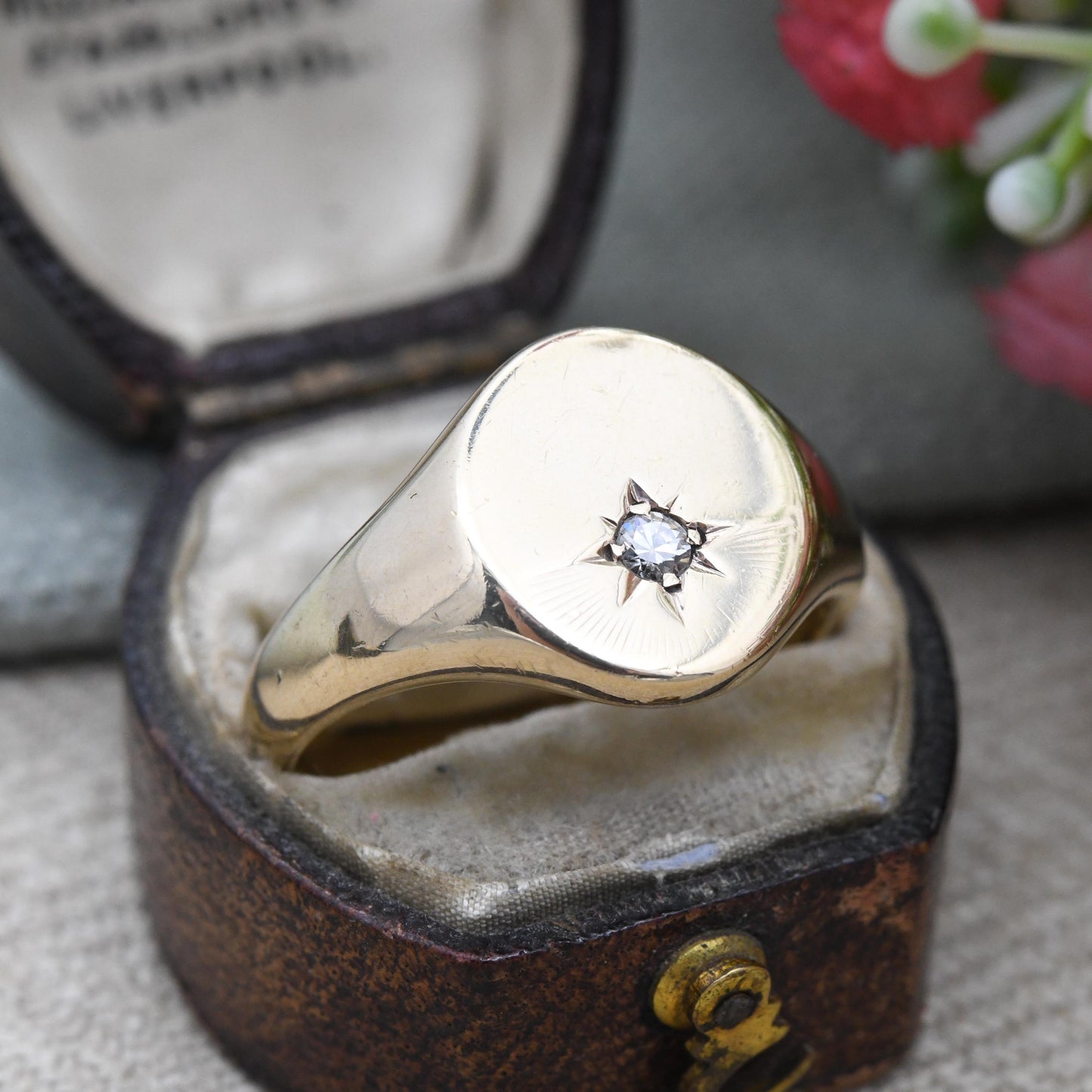 Vintage 9ct Gold Diamond Signet Ring 1961 with Starburst Design - Large Chunky Yellow Gold Jewellery Gift for Him | UK Size - W US Size - 11
