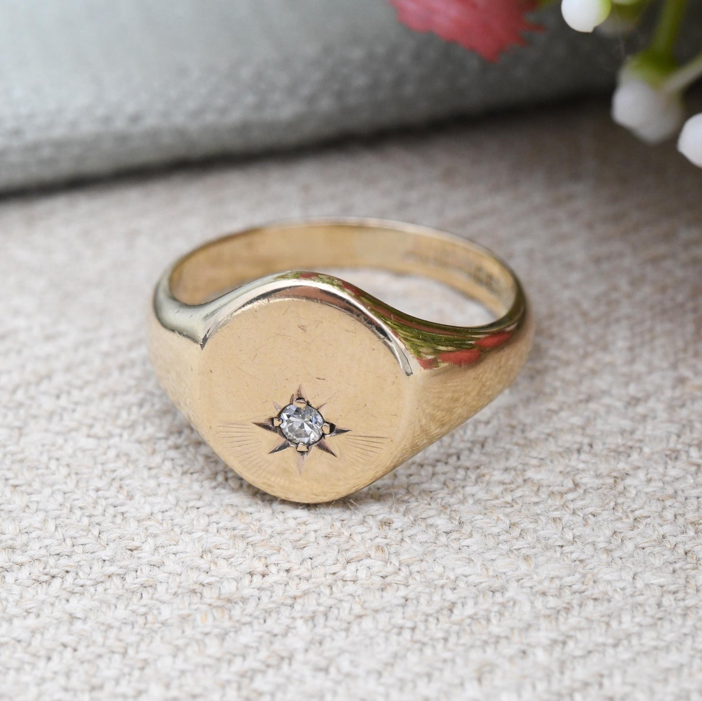 Vintage 9ct Gold Diamond Signet Ring 1961 with Starburst Design - Large Chunky Yellow Gold Jewellery Gift for Him | UK Size - W US Size - 11
