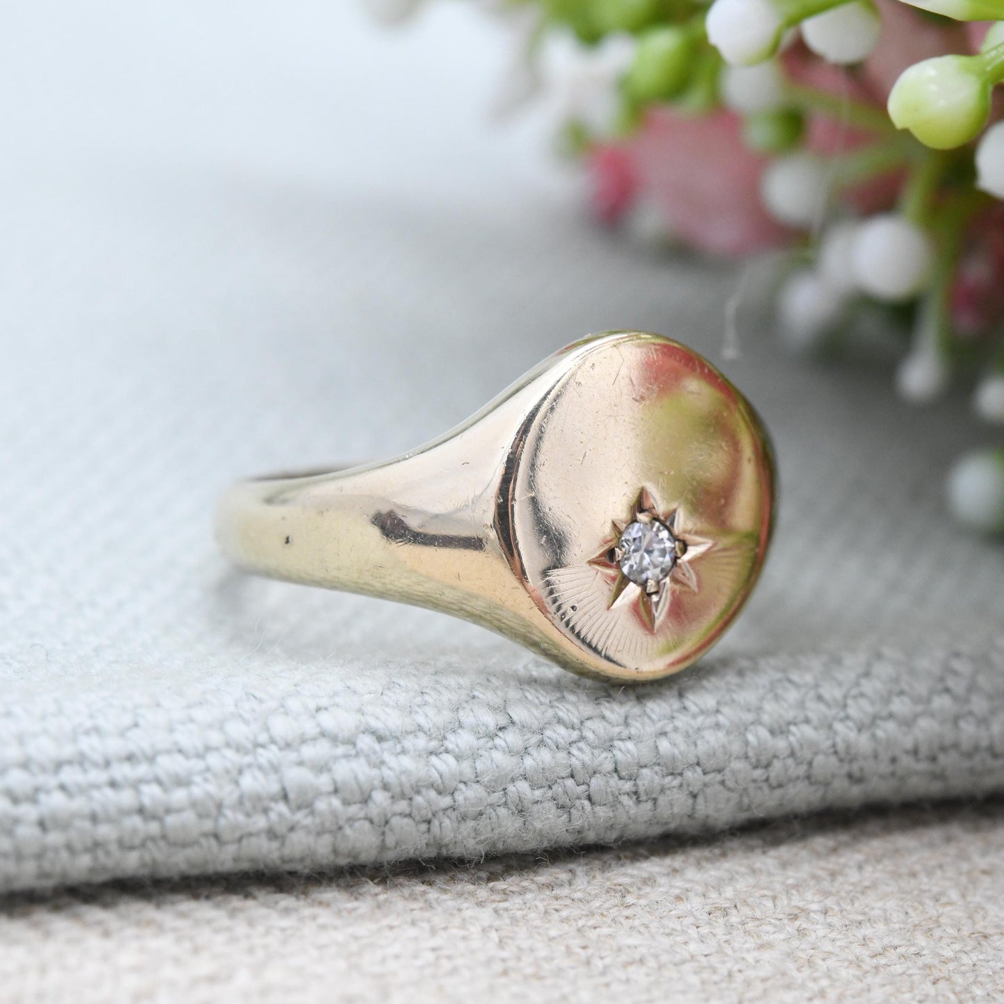 Vintage 9ct Gold Diamond Signet Ring 1961 with Starburst Design - Large Chunky Yellow Gold Jewellery Gift for Him | UK Size - W US Size - 11