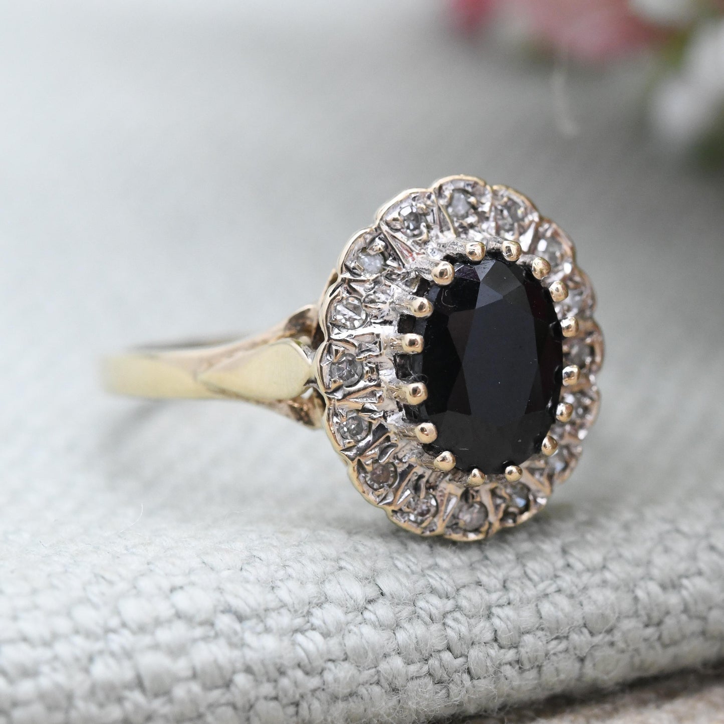 Vintage 9ct Gold Sapphire and Diamond Halo Ring c. 1980s - Large Cocktail Pretty Deep Blue Ring Gift for Her | UK Size - O | US Size - 7 1/4