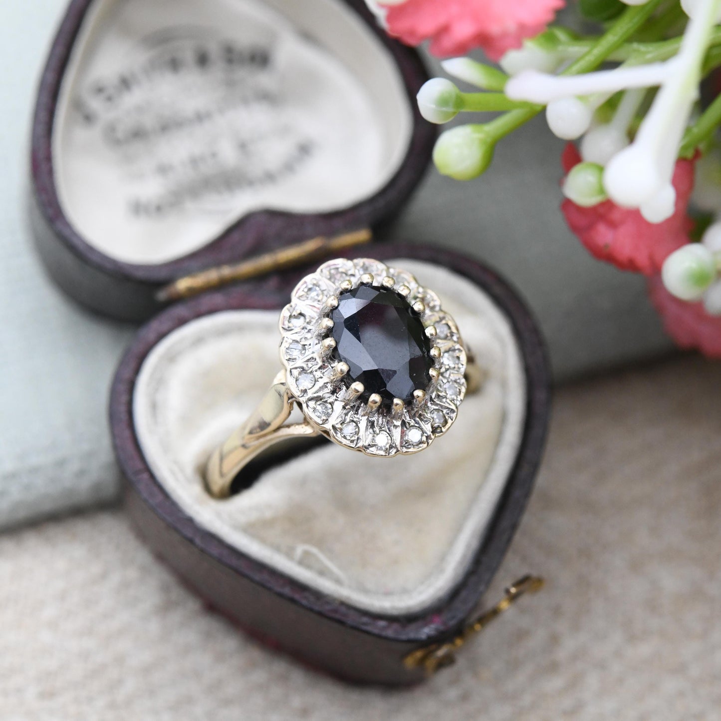 Vintage 9ct Gold Sapphire and Diamond Halo Ring c. 1980s - Large Cocktail Pretty Deep Blue Ring Gift for Her | UK Size - O | US Size - 7 1/4