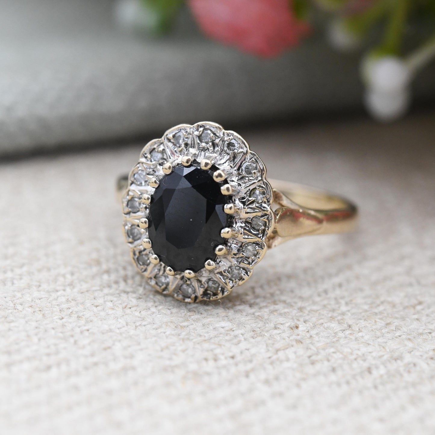 Vintage 9ct Gold Sapphire and Diamond Halo Ring c. 1980s - Large Cocktail Pretty Deep Blue Ring Gift for Her | UK Size - O | US Size - 7 1/4