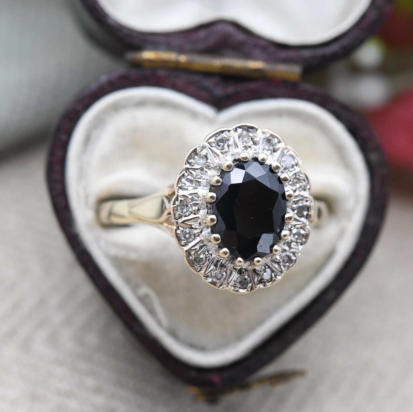 Vintage 9ct Gold Sapphire and Diamond Halo Ring c. 1980s - Large Cocktail Pretty Deep Blue Ring Gift for Her | UK Size - O | US Size - 7 1/4