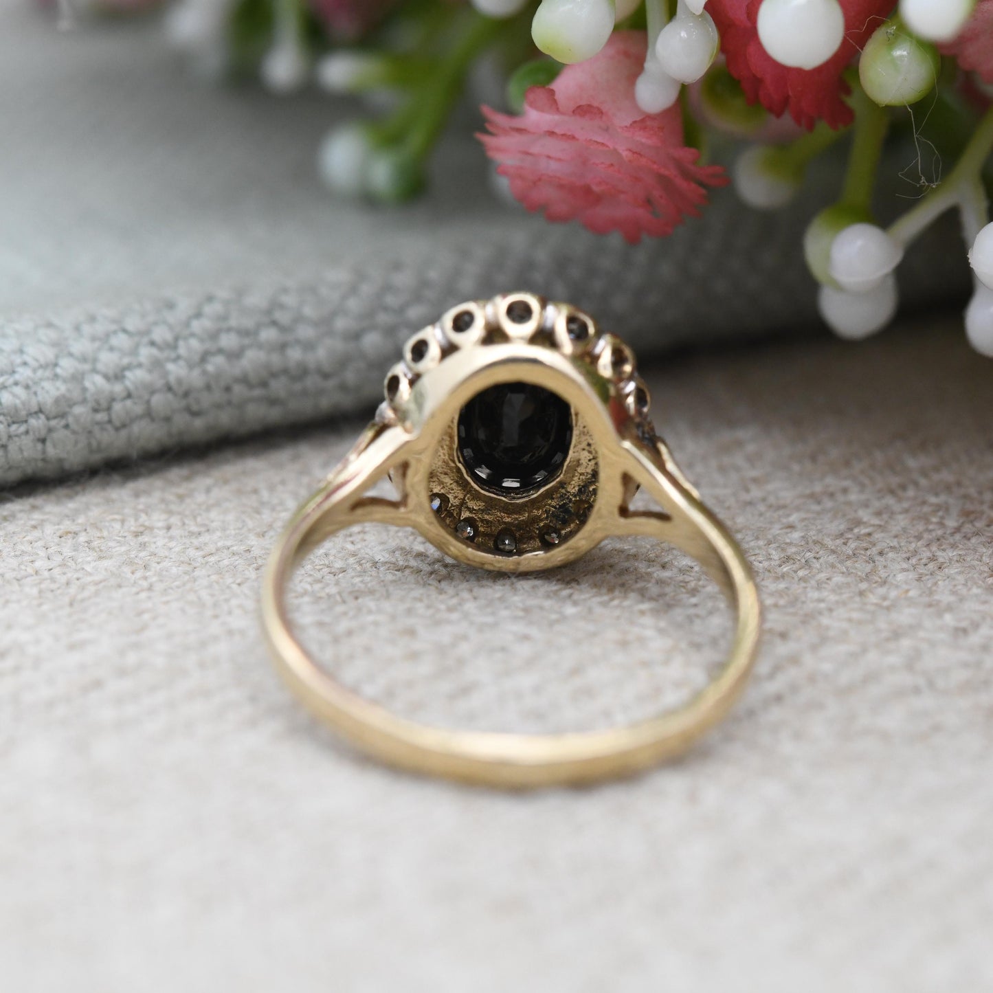 Vintage 9ct Gold Sapphire and Diamond Halo Ring c. 1980s - Large Cocktail Pretty Deep Blue Ring Gift for Her | UK Size - O | US Size - 7 1/4