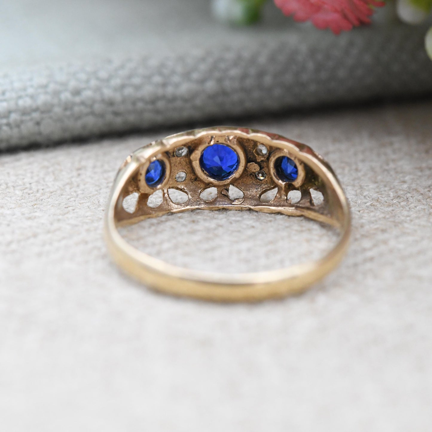 Antique 9ct Gold Sapphire Three Stone Boat Ring Edwardian CL&S Charles Lyster - Blue Stone Trilogy Ring | UK Size - O 1/2 | US Size - 7 1/4