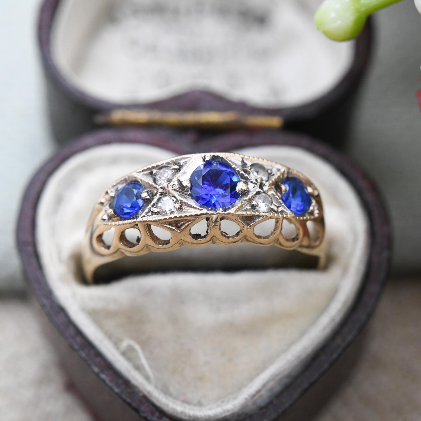 Antique 9ct Gold Sapphire Three Stone Boat Ring Edwardian CL&S Charles Lyster - Blue Stone Trilogy Ring | UK Size - O 1/2 | US Size - 7 1/4
