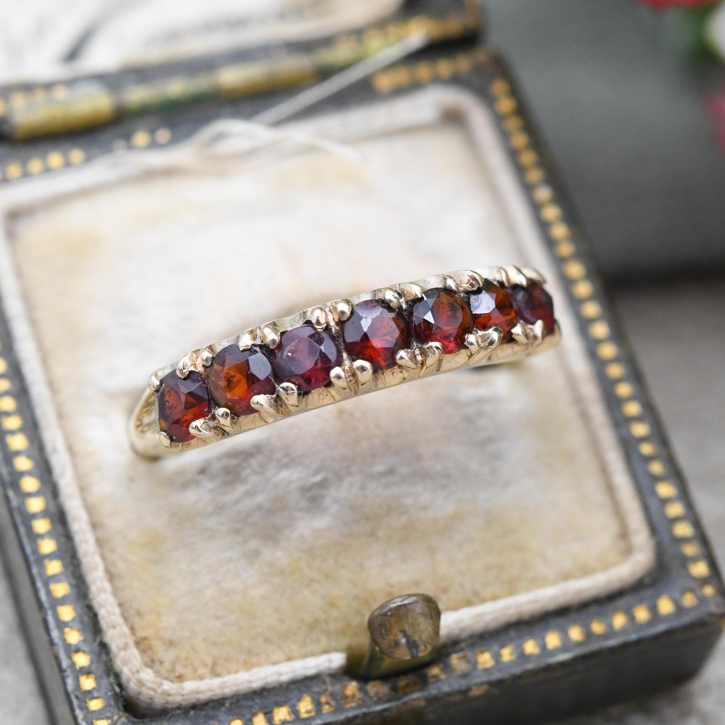 Vintage 9ct Gold Garnet Half Eternity Ring 1974 - Seven Stone Red Gemstone Band Ring January Birthstone | UK Size - O | US Size - 7
