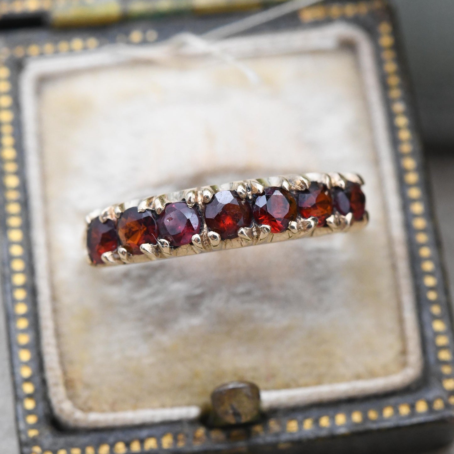 Vintage 9ct Gold Garnet Half Eternity Ring 1974 - Seven Stone Red Gemstone Band Ring January Birthstone | UK Size - O | US Size - 7