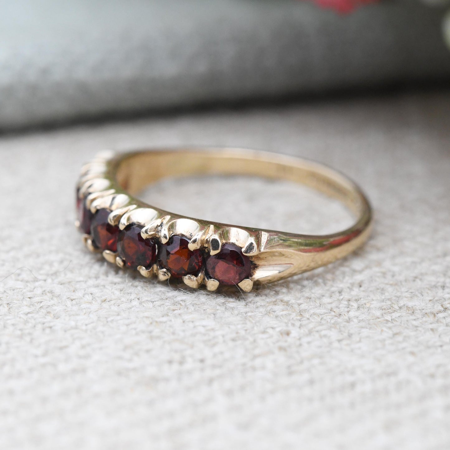 Vintage 9ct Gold Garnet Half Eternity Ring 1974 - Seven Stone Red Gemstone Band Ring January Birthstone | UK Size - O | US Size - 7