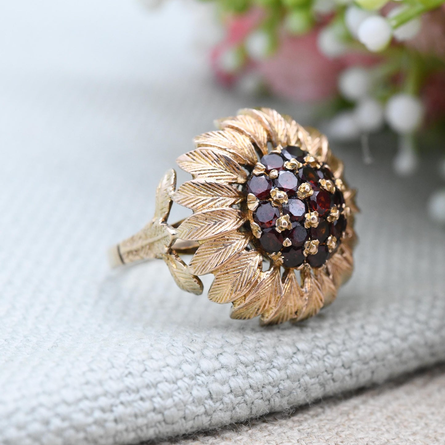 Vintage 9ct Gold Garnet Flower Ring c. 1960s - Large Statement Cocktail Mid-Century Sunflower Textured Petals | UK Size - L US Size - 5 3/4