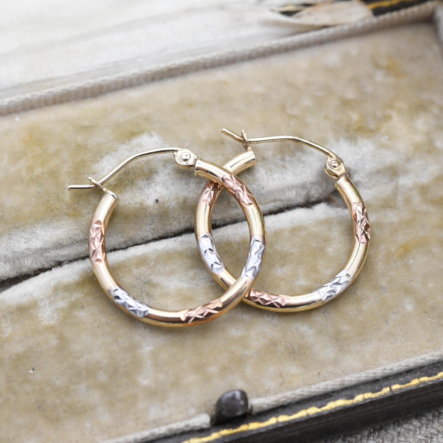Vintage 9ct Gold Multi-Colour Hoop Earrings - Yellow Gold Rose Gold White Gold | X Design Hollow Circle Hoops | Everyday Round Latch Back