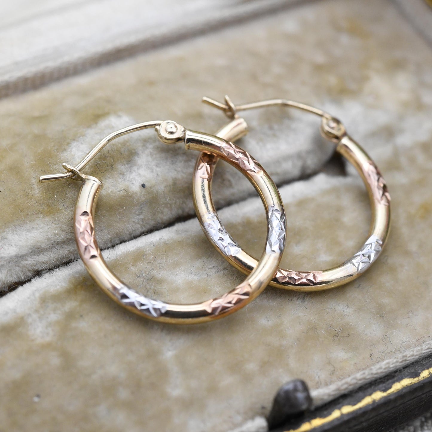 Vintage 9ct Gold Multi-Colour Hoop Earrings - Yellow Gold Rose Gold White Gold | X Design Hollow Circle Hoops | Everyday Round Latch Back
