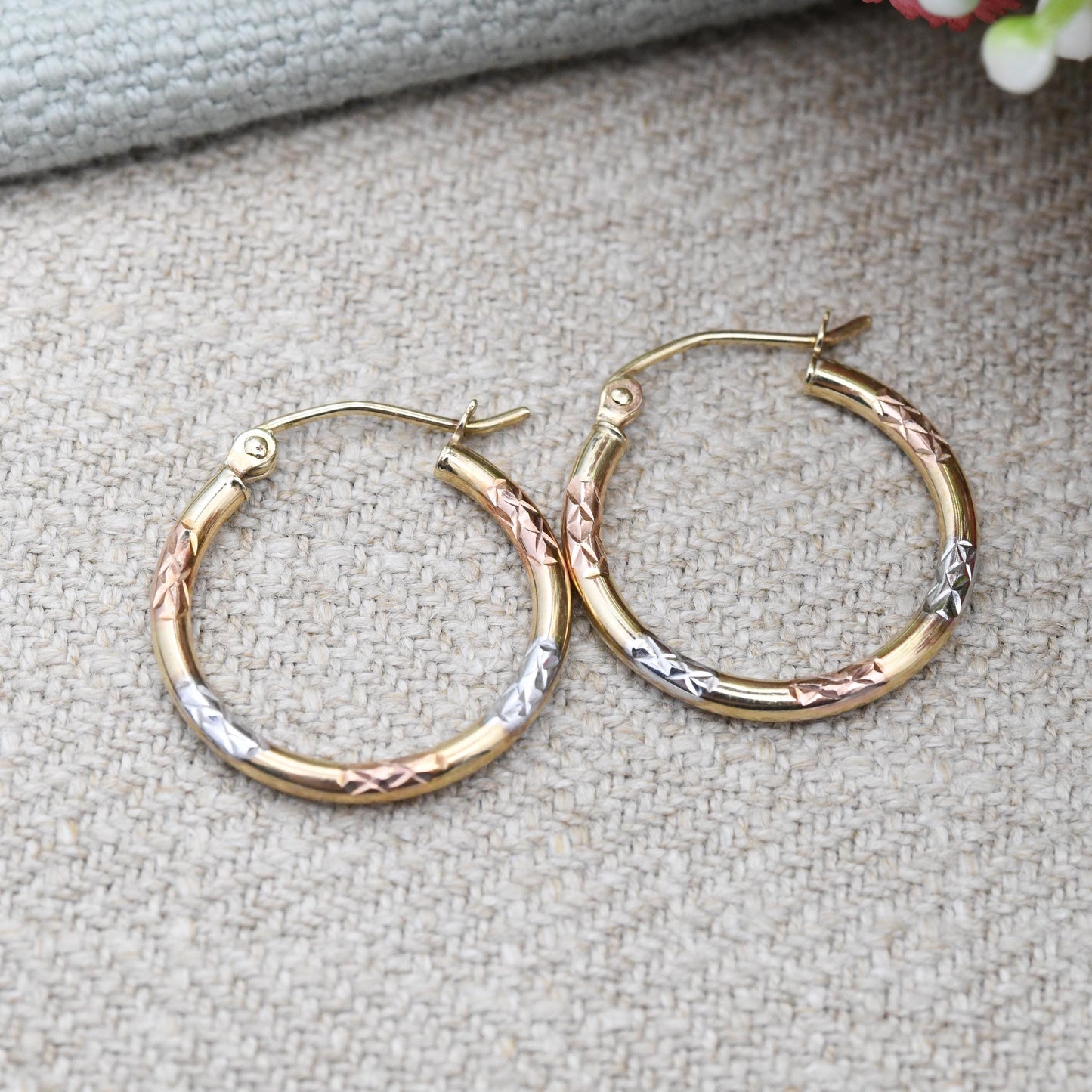 Vintage 9ct Gold Multi-Colour Hoop Earrings - Yellow Gold Rose Gold White Gold | X Design Hollow Circle Hoops | Everyday Round Latch Back