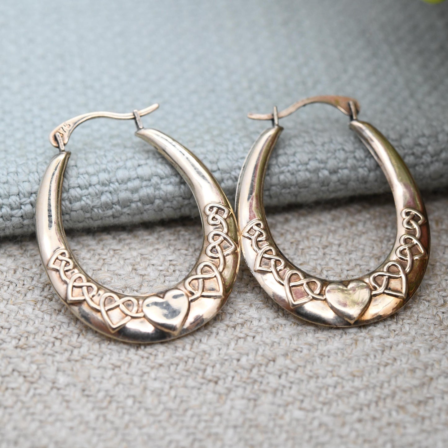 Vintage 9ct Gold Hoop Earrings Celtic Knot Heart Design - Large Hollow Hoops | Oval Shape | Pretty Yellow Gold Jewellery Gift for Her