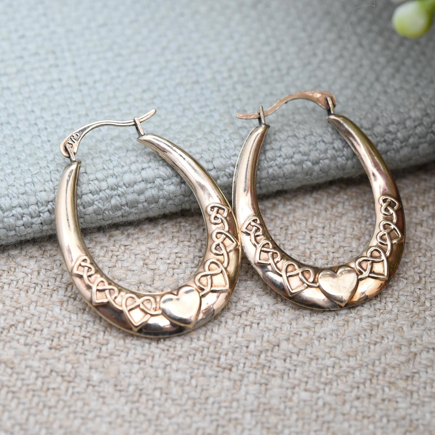 Vintage 9ct Gold Hoop Earrings Celtic Knot Heart Design - Large Hollow Hoops | Oval Shape | Pretty Yellow Gold Jewellery Gift for Her