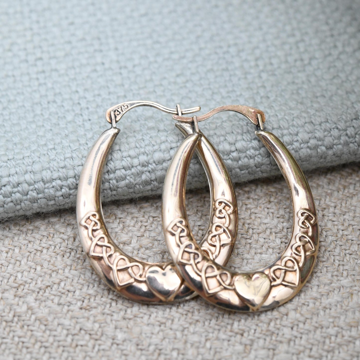 Vintage 9ct Gold Hoop Earrings Celtic Knot Heart Design - Large Hollow Hoops | Oval Shape | Pretty Yellow Gold Jewellery Gift for Her