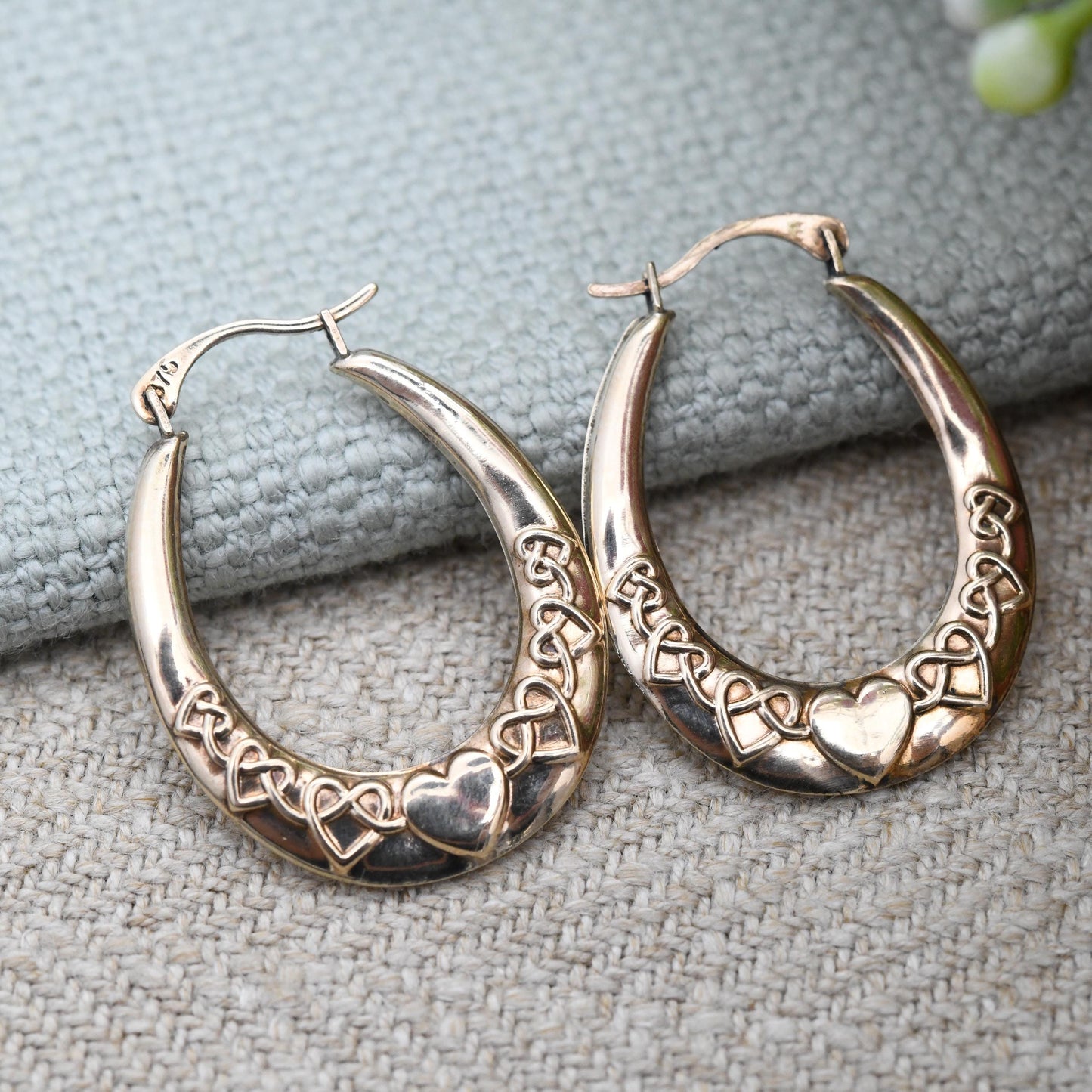 Vintage 9ct Gold Hoop Earrings Celtic Knot Heart Design - Large Hollow Hoops | Oval Shape | Pretty Yellow Gold Jewellery Gift for Her